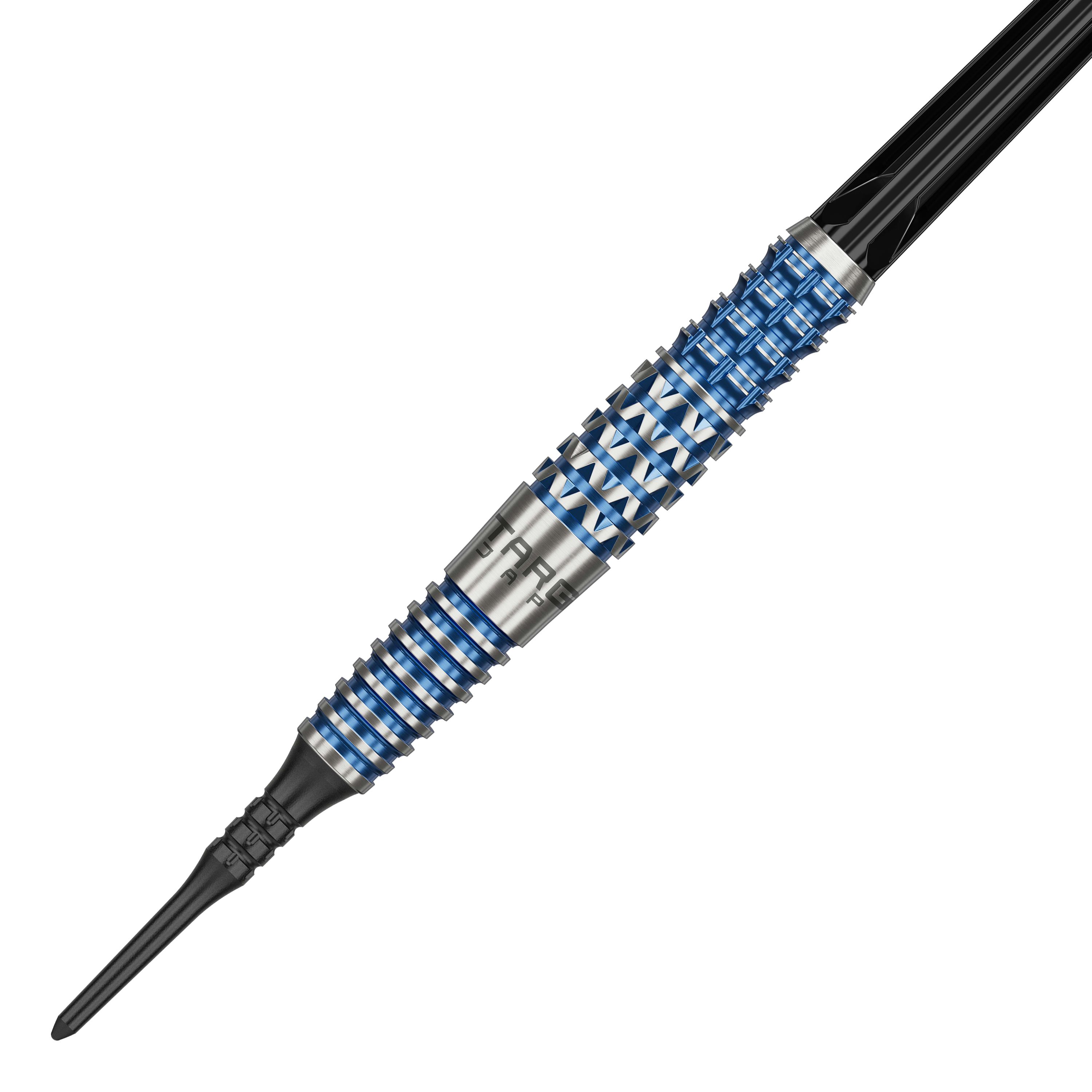 Měkké šipky Target Japan Toru Suzuki Sereno GEN2 - 20g Dies ist ein Softdart namens "Target Japan Toru Suzuki Sereno GEN2 Softdarts - 20g". Der Dartpfeil hat ein silbernes und blaues Rillendesign mit schwarzen Elementen.