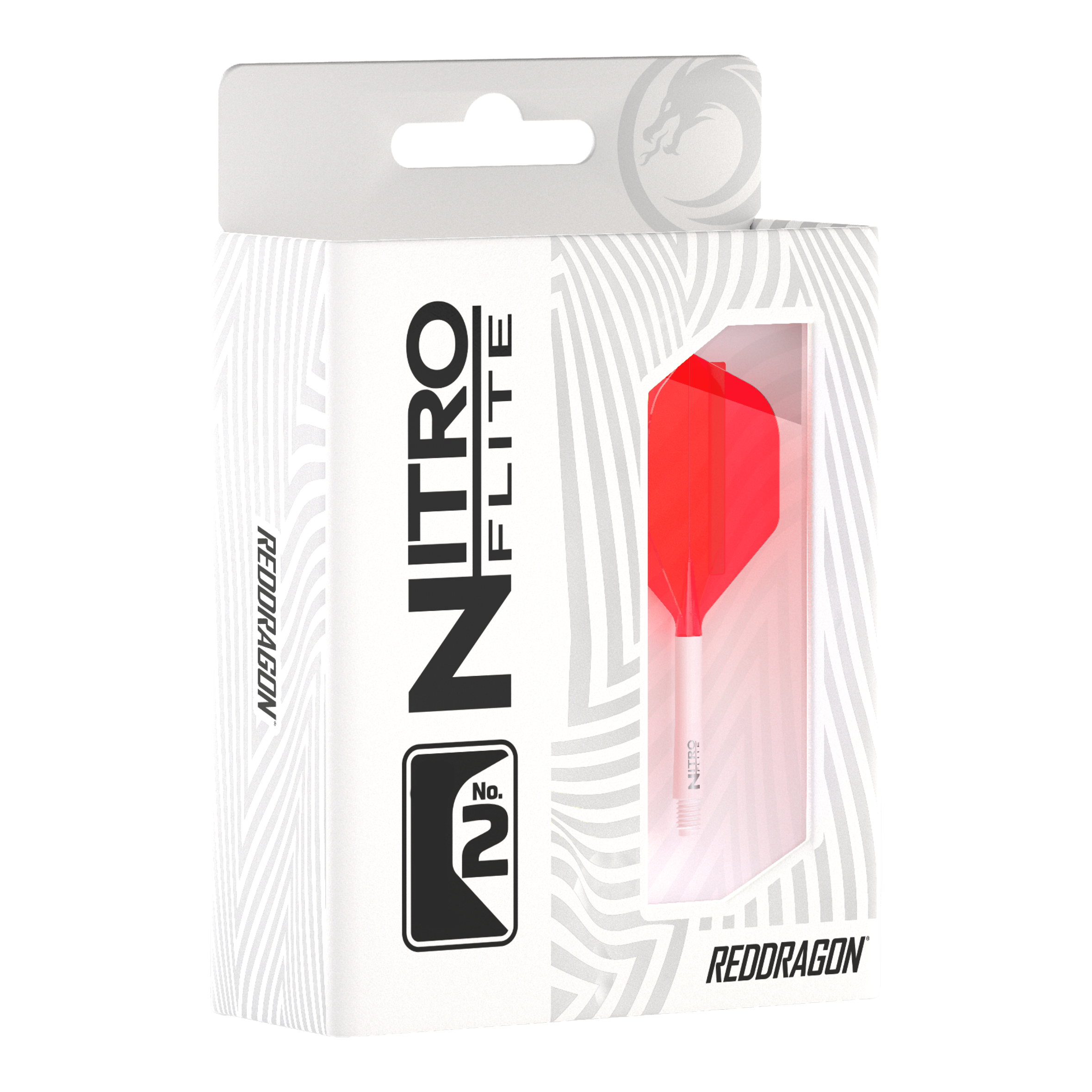 Abgebildet sind Red Dragon Nitro Flite - White Shaft Red No2 Flights. Die Dart-Flights haben einen weißen Schaft und rote Flügel.
