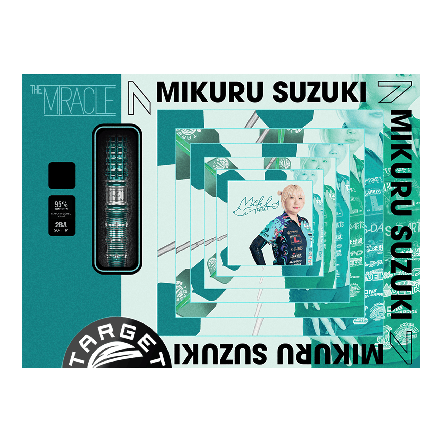 Abgebildet sind die Target Japan Mikuru Suzuki The Miracle GEN7 Softdarts - 21,5g. Diese Dartpfeile wurden für Mikuru Suzuki entworfen.