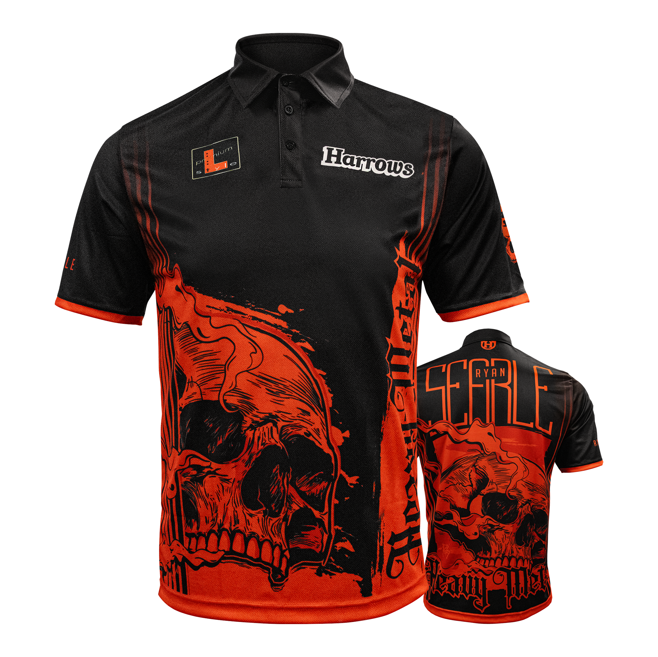 Harrowovo tričko s heavy metalovým hráčem Ryanem Searlem Gezeigt wird das Harrows Ryan Searle Heavy Metal Playershirt. Dieses Produkt ist ein Spielertrikot für Dartfans.