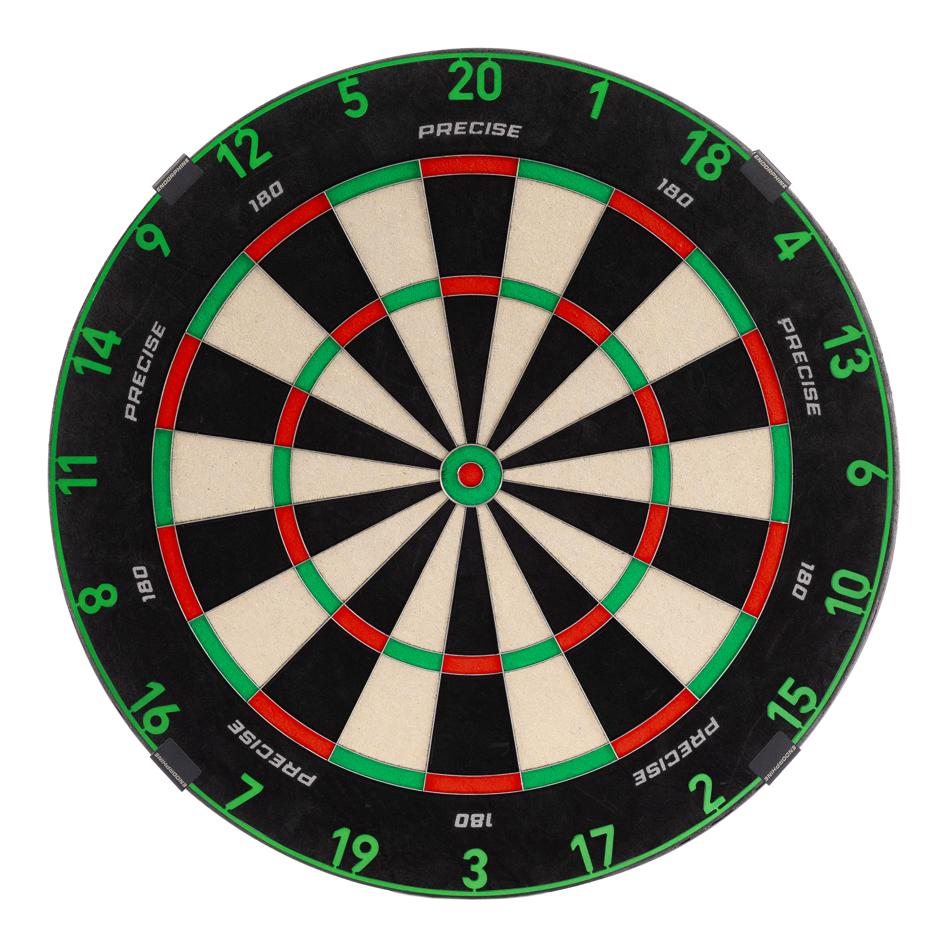 Ocelový terč Precise 180 Endorphine s číslovaným kroužkem - smaragdově zelený Zu sehen ist ein Precise 180 Endorphine Steeldartboard mit Nummernring. Es bietet ein klassisches Dartboard-Design.