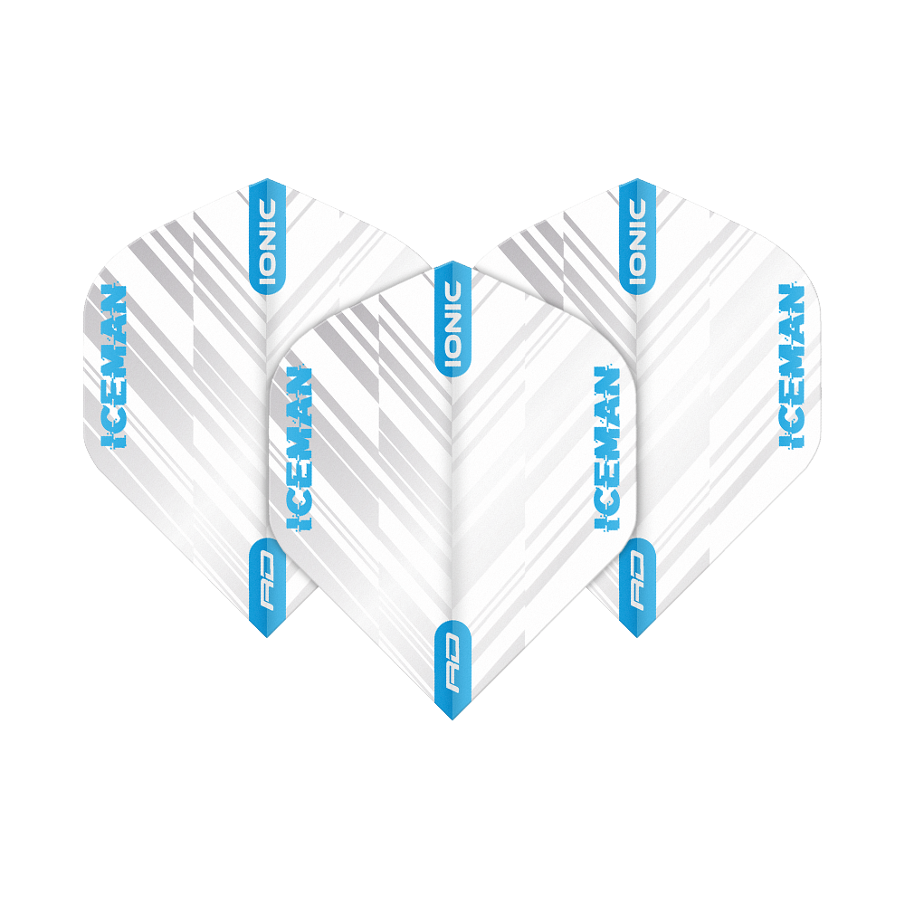 Das Bild zeigt drei weiße Dart-Flights mit grauen Streifen und blauen Akzenten. Auf den Flights steht "ICEMAN" und "IONIC" in blauer Schrift.