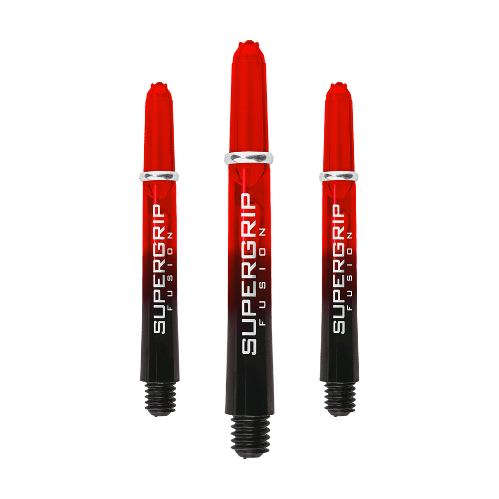 HR343_Harrows_Supergrip_Fusion_Shafts_Rot_40mm_1Mdm0kWbcAgFm6 Das Bild zeigt drei Harrows Supergrip Fusion Shafts in der Farbe Rot. Die Shafts sind rot-schwarz und haben die Aufschrift "SUPERGRIP FUSION".
