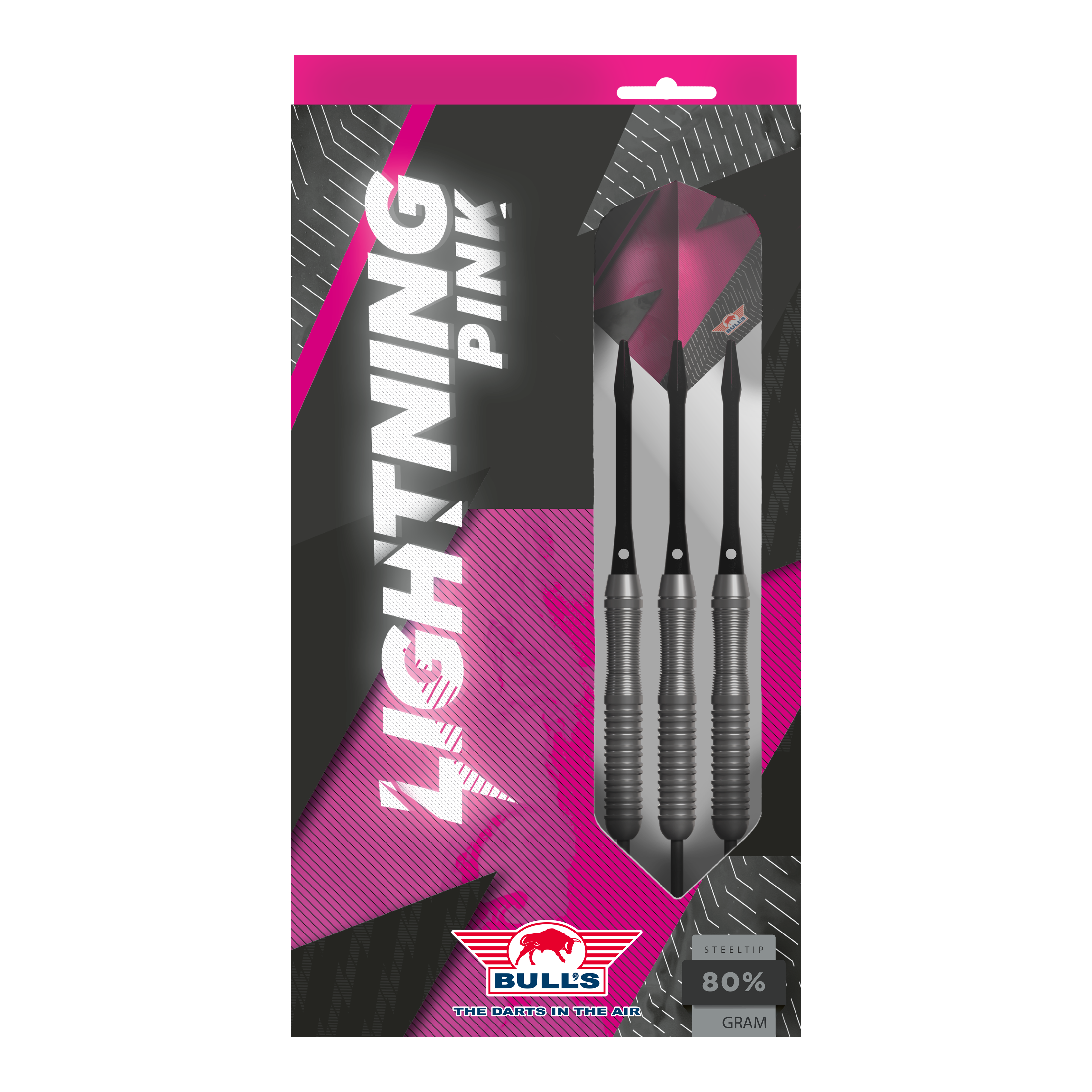 Ocelové šipky Bulls NL Lightning Pink Das Bild zeigt eine Verpackung der "Bulls NL Lightning Pink Steeldarts". Die Darts sind in Schwarz und Pink gestaltet und haben einen Stahlspitze.