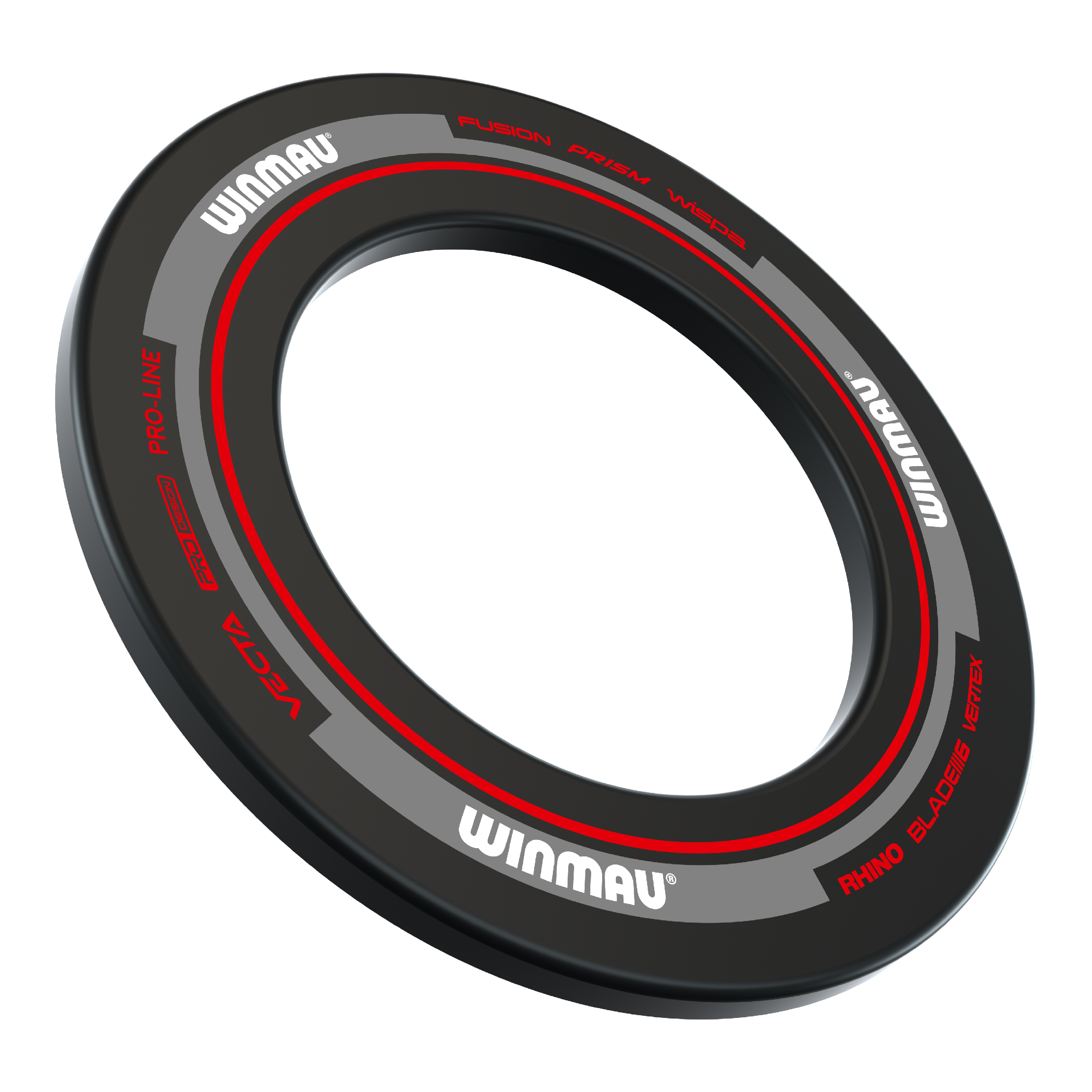 Kryt na terč Winmau Advance - černočervený Das Bild zeigt einen Winmau Advance Dartboard Surround in Schwarz und Rot. Der Surround ist rund und hat weiße und rote Schriftzüge.