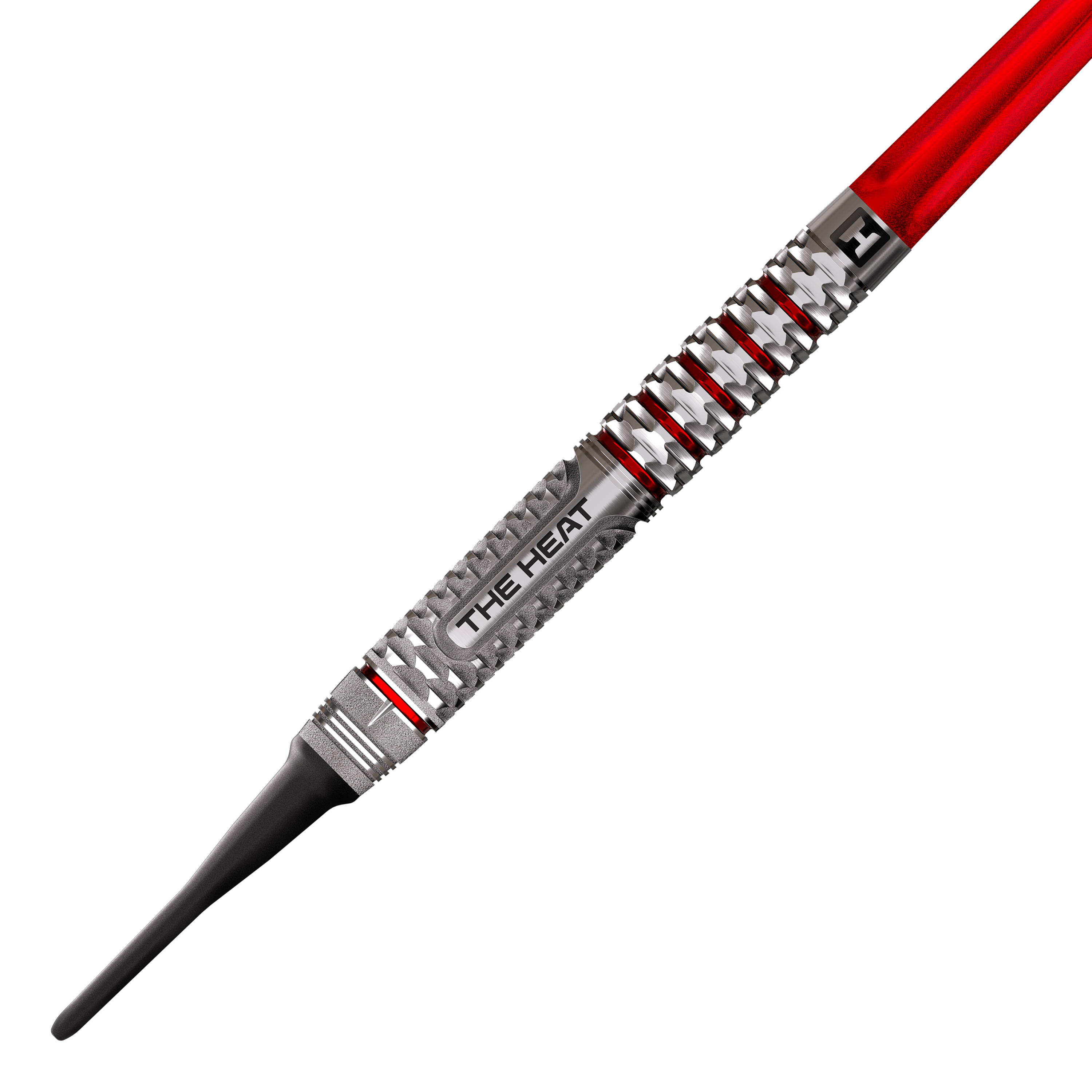 Harrows Damon Heta Geo Softdarts mit 18g sind dargestellt. Die Darts sind metallisch und präzise gearbeitet.