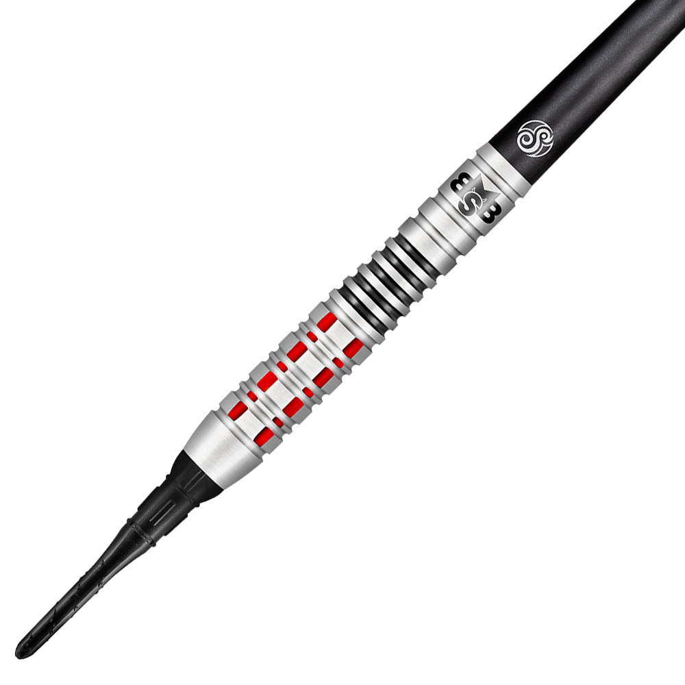 Střílel Michael Smith Believe soft šipky Das Bild zeigt einen Shot Michael Smith Believe Softdart. Der Dart hat ein silbernes Design mit roten und schwarzen Akzenten.