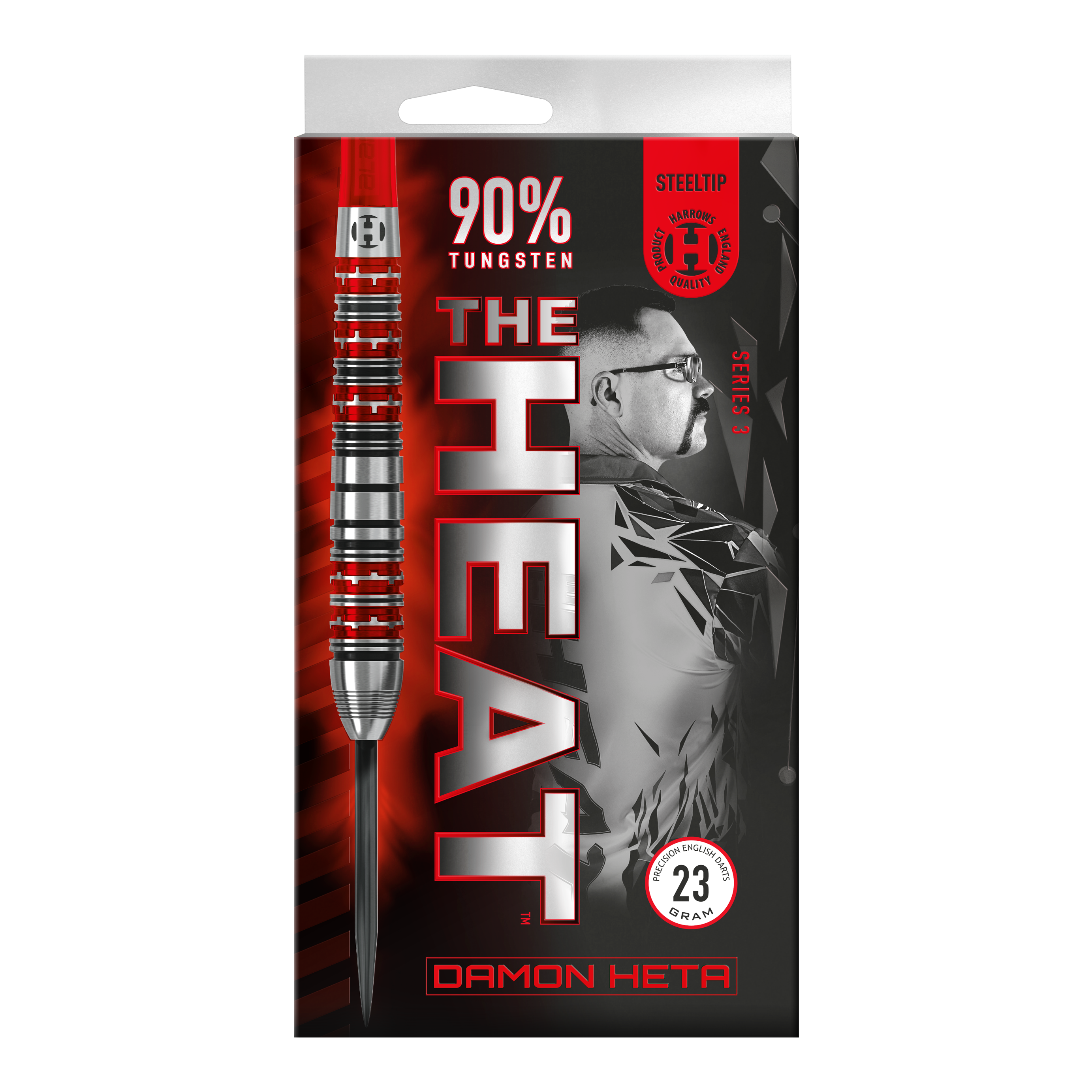 Die Verpackung zeigt die "Harrows Damon Heta Series 3 Steeldarts" mit einem markanten Design in Rot und Schwarz. Auf der Vorderseite sind Informationen wie 90% Tungsten und ein Bild von Damon Heta abgebildet.