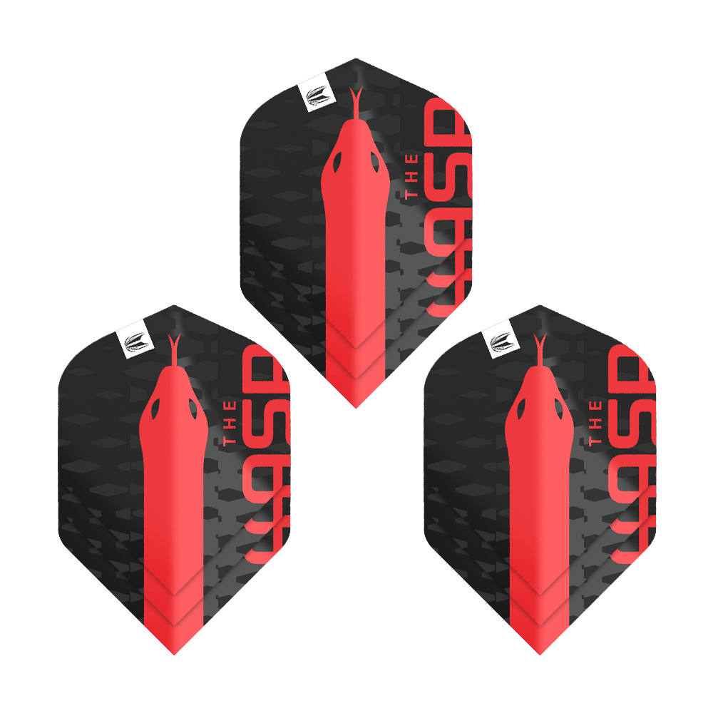 Target Pro Ultra Nathan Aspinall No2 Standard Flights - 3 sady Das Bild zeigt drei schwarze Dart-Flights mit einem roten Schlangenkopf und der Aufschrift "THE ASP". Es handelt sich um das Produkt "Target Pro Ultra Nathan Aspinall No2 Standard Flights - 3 Sets".