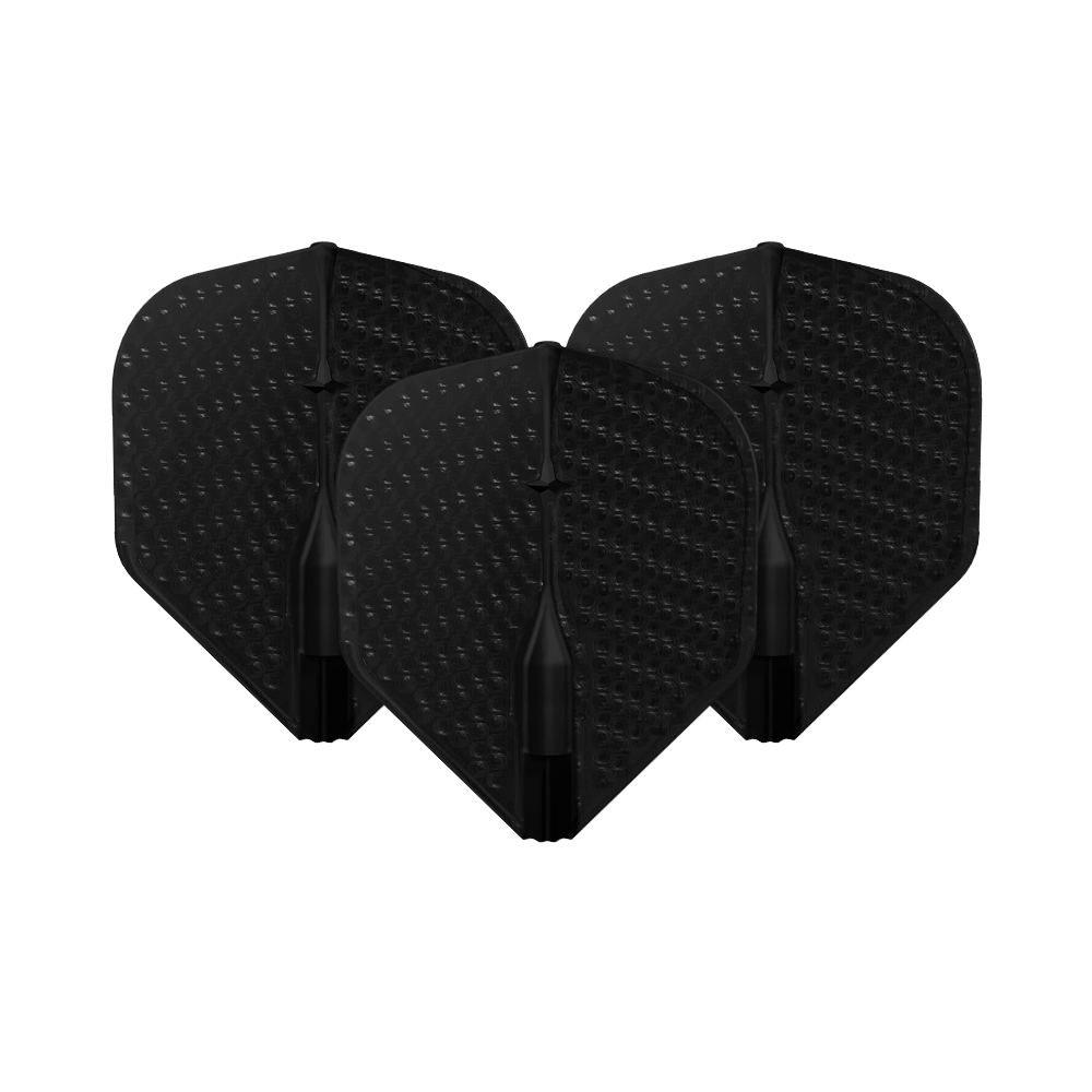 Letky ve stylu L Dimple Champagne L1EZ Standard Auf dem Bild sind drei schwarze Dart-Flights mit Dimple-Oberfläche zu sehen. Sie stehen nebeneinander und sind identisch geformt.