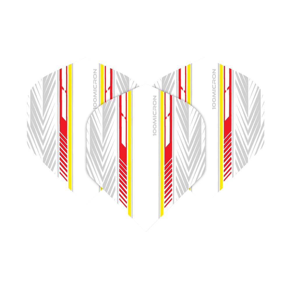 Letky pro pětiboj bílé/červené/žluté Das Bild zeigt die Pentathlon White Red Yellow No2 Standard Flights in einem modernen Design. Die Flights sind weiß mit roten, gelben und grauen Streifen verziert.
