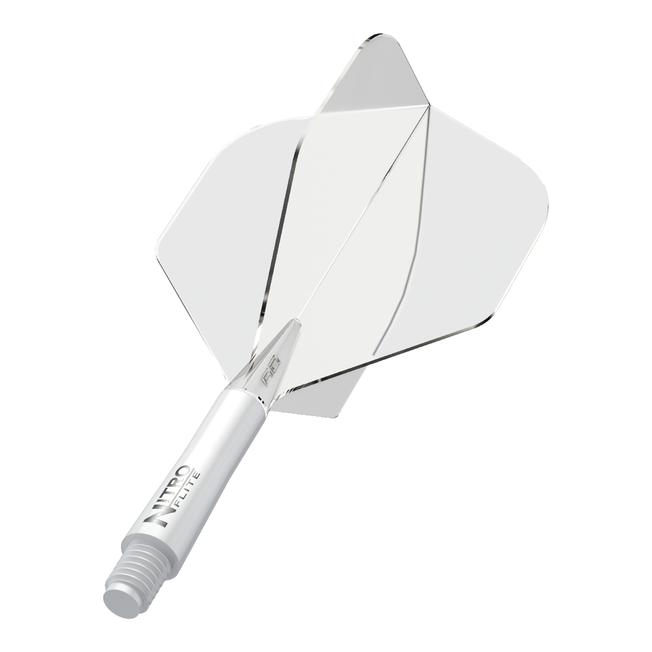 Red Dragon Nitroplite - White Shaft Clear No2 Flights Auf dem Bild ist ein weißer Dartpfeil mit klaren Flügeln zu sehen. Auf dem Schaft steht der Schriftzug "NITRO FLITE".
