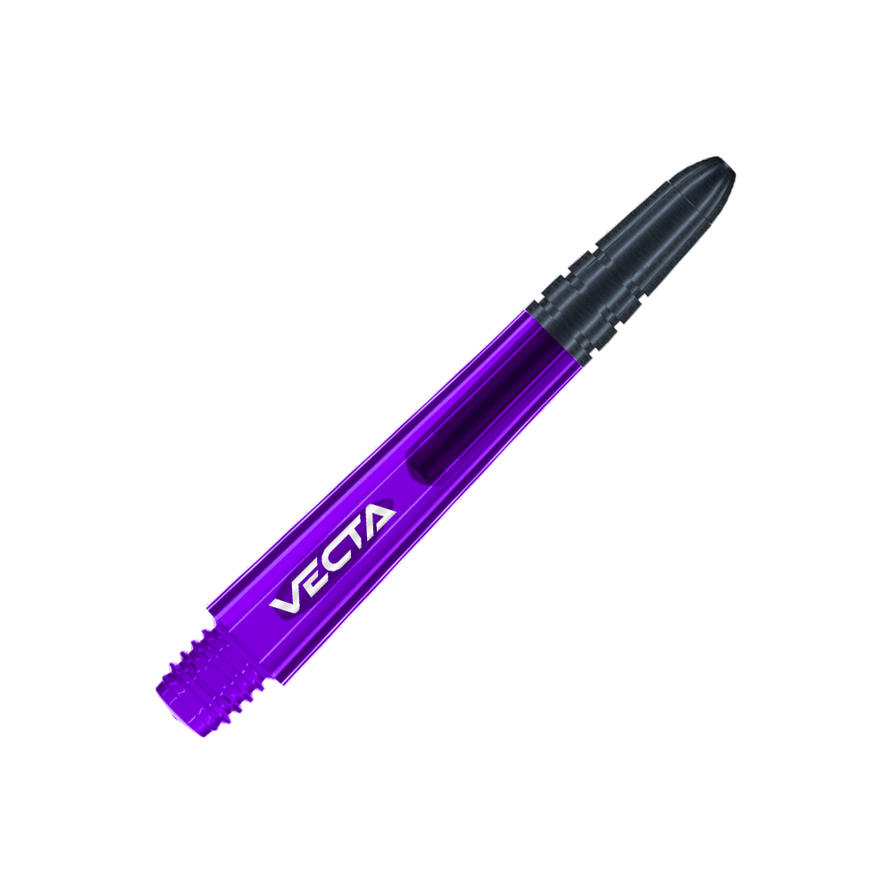 Násadky Winmau Vecta - fialovo-černé Das Bild zeigt einen lila und schwarzen Dart-Schaft mit der Aufschrift "VECTA". Der Schaft hat ein glattes, modernes Design und misst 37 mm.