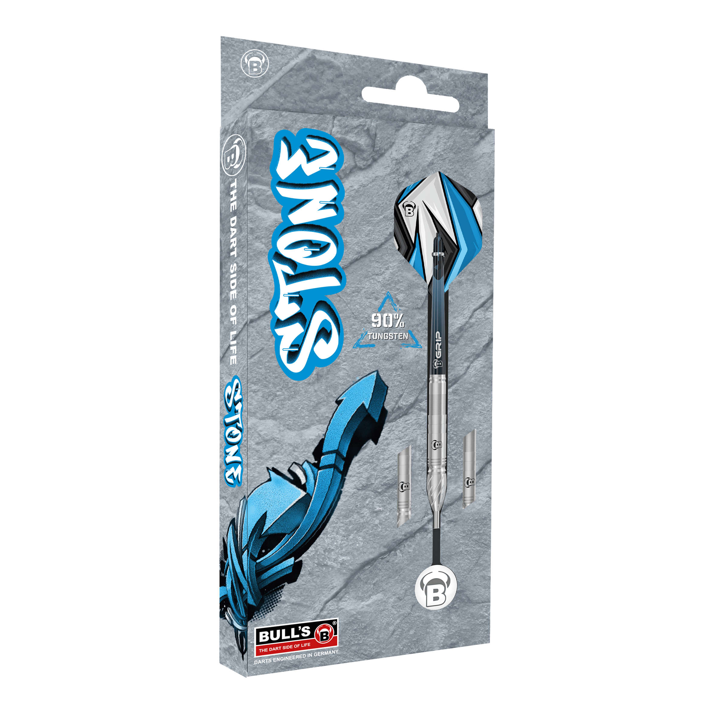 Bulls Stone S1 Steeldarts Das Bild zeigt die Verpackung der "Bulls Stone S1 Steeldarts". Die Darts bestehen zu 90% aus Tungsten und haben ein modernes, blau-graues Design.