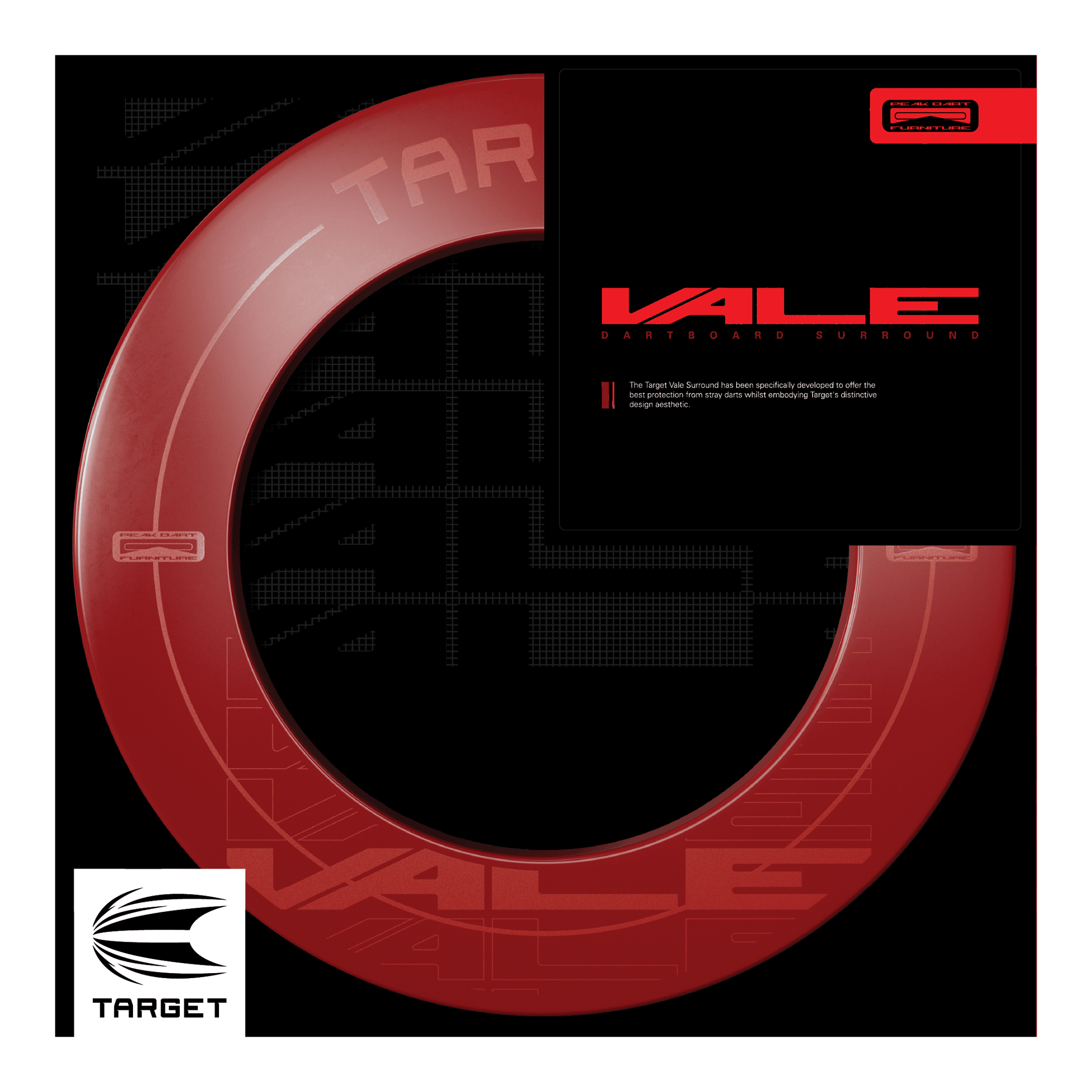 Obložení terče Target VALE Das Bild zeigt das Produkt "Target VALE Dartboard Surround" in einem auffälligen roten Design. Es wurde speziell entwickelt, um den bestmöglichen Schutz für Wände beim Dartspiel zu bieten.
