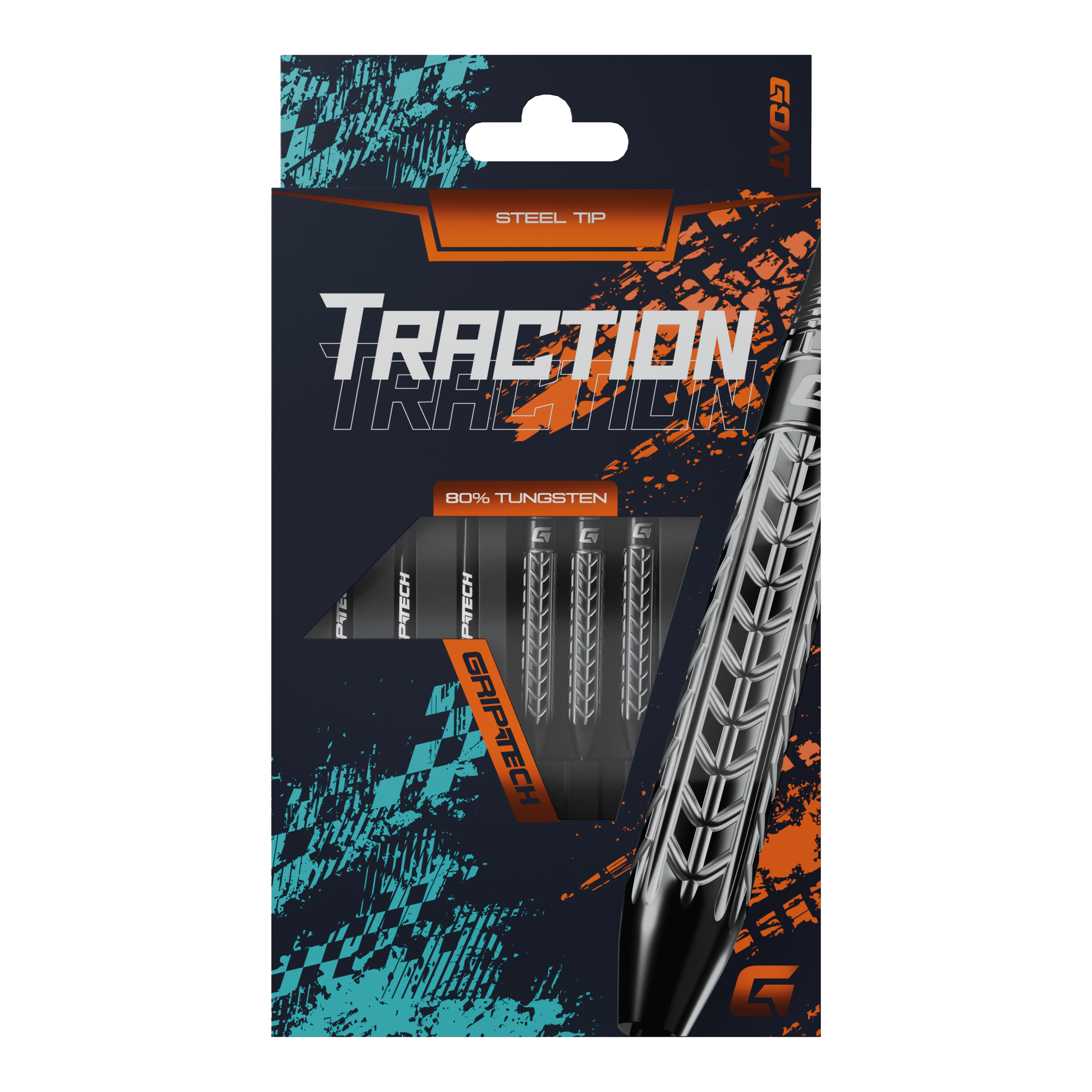 Šipky GOAT Traction z wolframové oceli Die Abbildung zeigt die Verpackung der "GOAT Traction Tungsten Steeldarts" mit Stahlspitzen. Auf der Vorderseite ist das auffällige Design und der Hinweis auf 80% Tungsten sowie GRIPTECH deutlich sichtbar.
