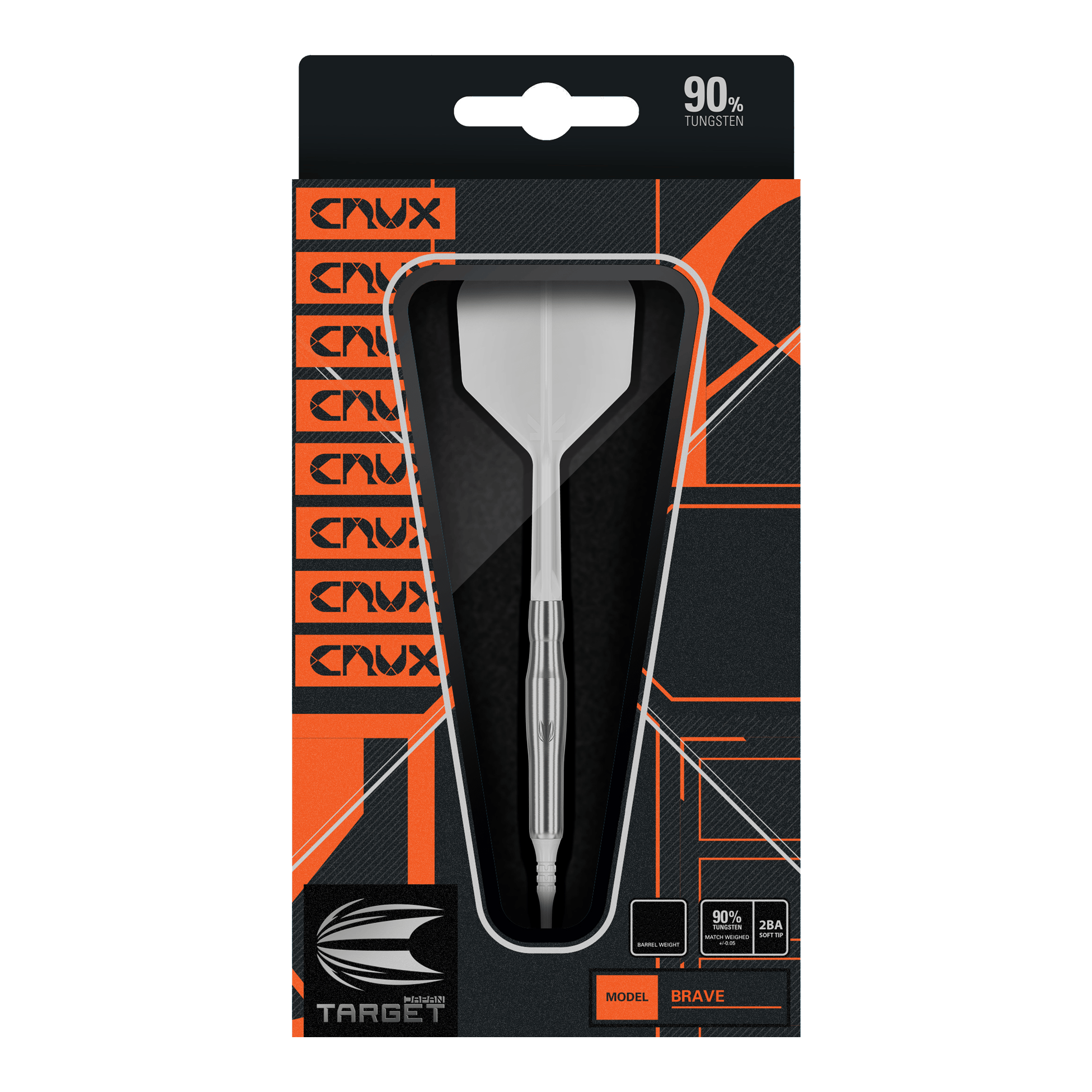 Měkké šipky Target Japan Crux Brave - 18,5 g Das Bild zeigt die Verpackung des Produkts "Target Japan Crux Brave Softdarts - 18,5g". Der Dartpfeil ist gut sichtbar in einer schwarzen und orangefarbenen Box präsentiert.