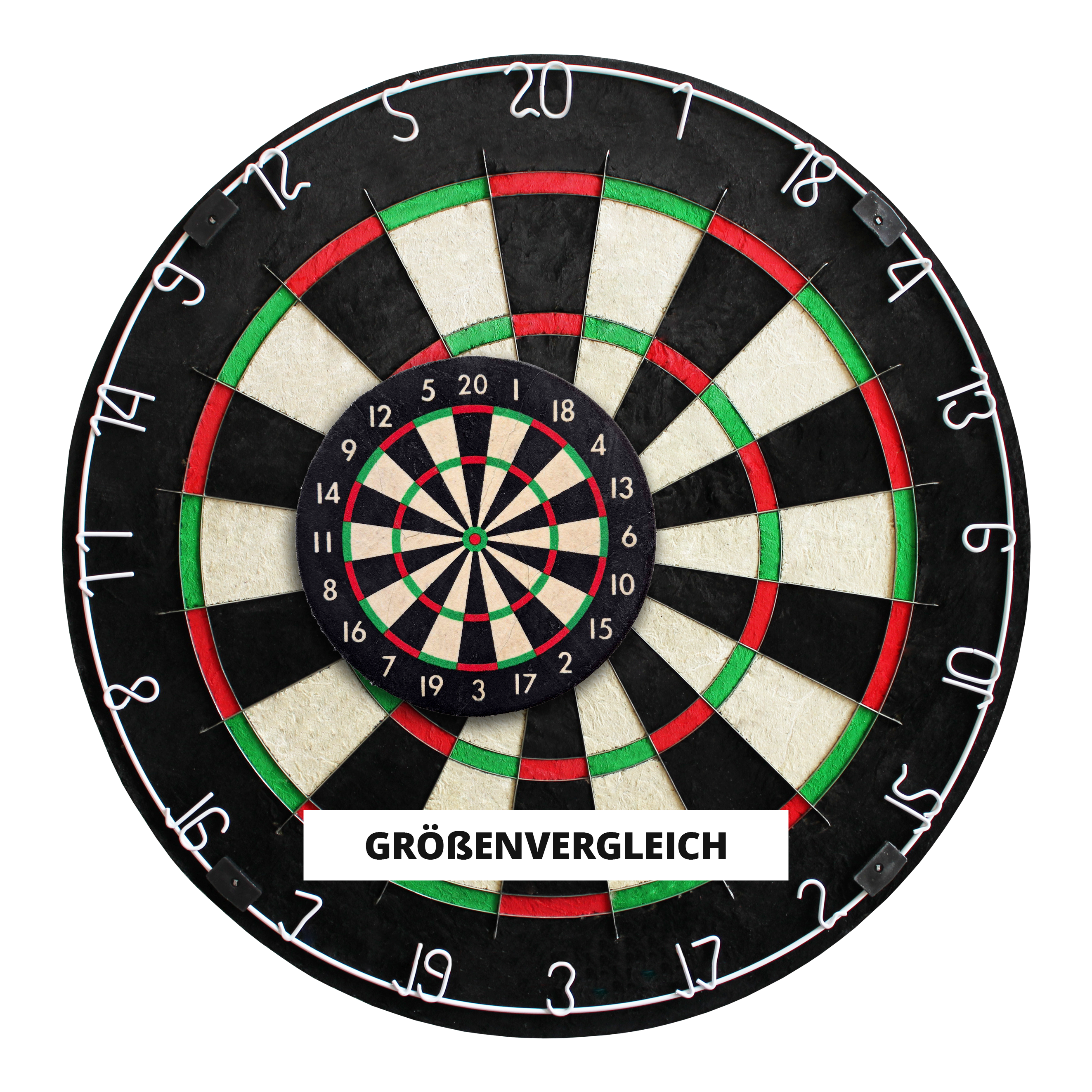 Sada mini terčů na stolní počítače Ruthless Das Bild zeigt zwei Dartscheiben, eine große und eine kleine, die übereinander gelegt wurden. In der Mitte steht das Wort "Größenvergleich" auf einem weißen Streifen.