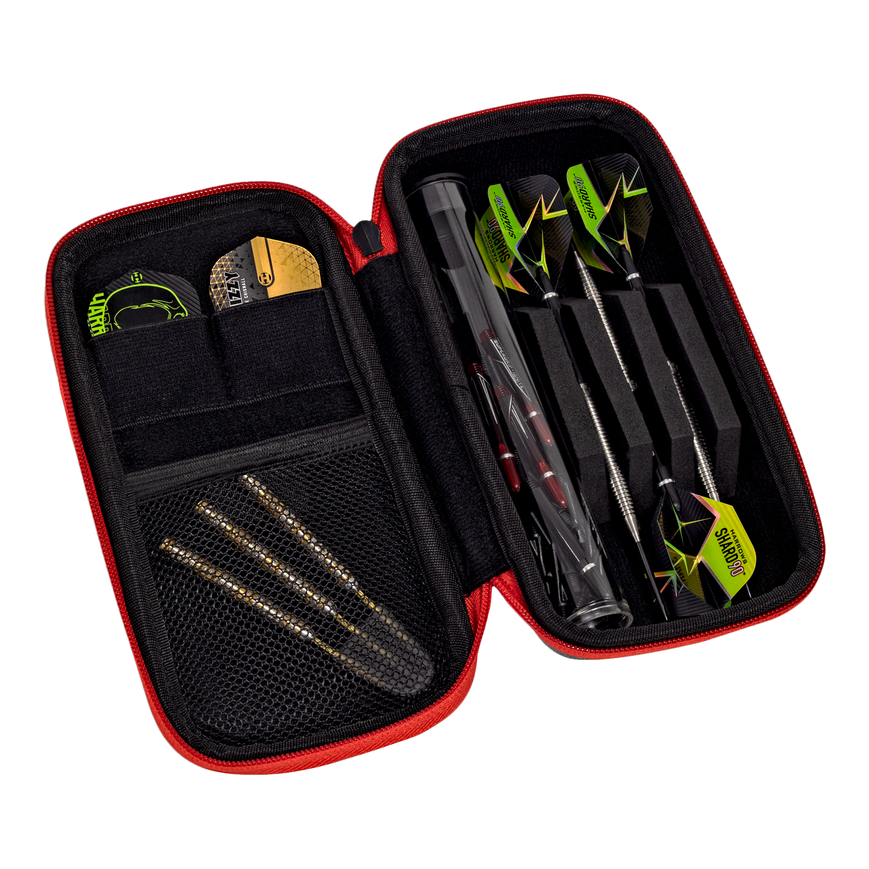 Harrows Smart Case Dartwallet Das Bild zeigt ein geöffnetes Dart-Case mit allerlei Zubehör. Auf der rechten Seite sind drei zusammengebaute Dartpfeile ordentlich verstaut.