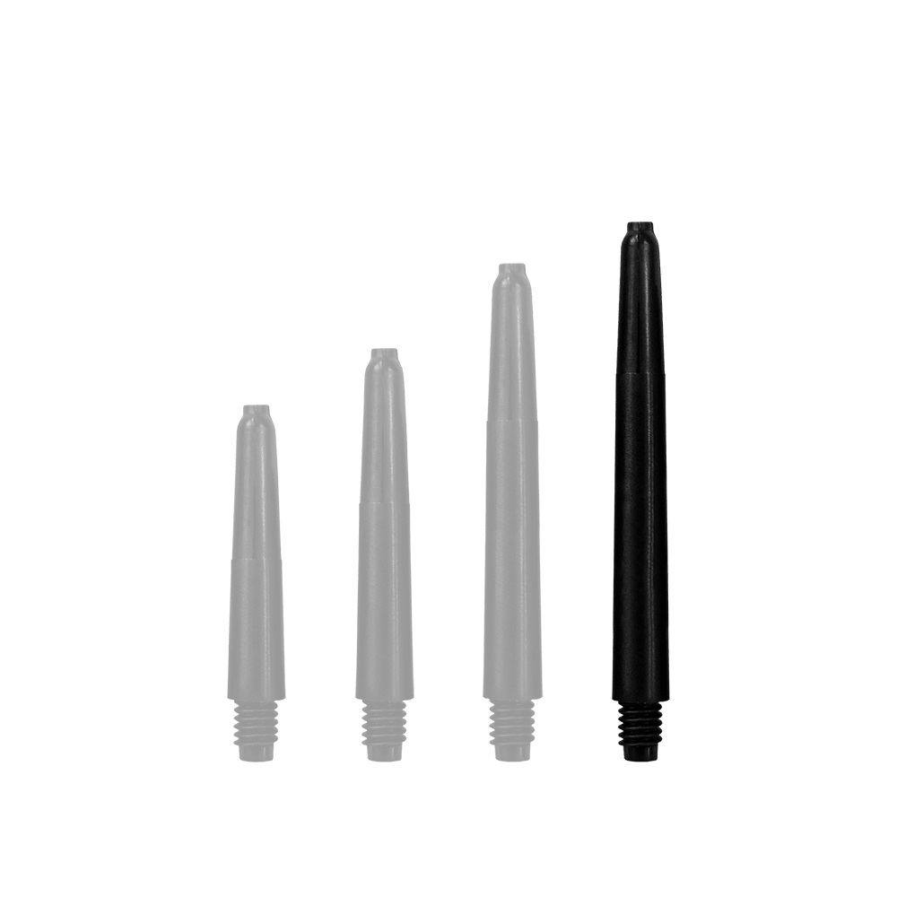 568_Nylon_Shafts_Schwarz_48mm_1nlixYWgZLdZtU Das Bild zeigt vier schwarze Nylon-Schäfte in unterschiedlicher Länge. Sie sind nebeneinander angeordnet und werden vermutlich für Dartpfeile verwendet.