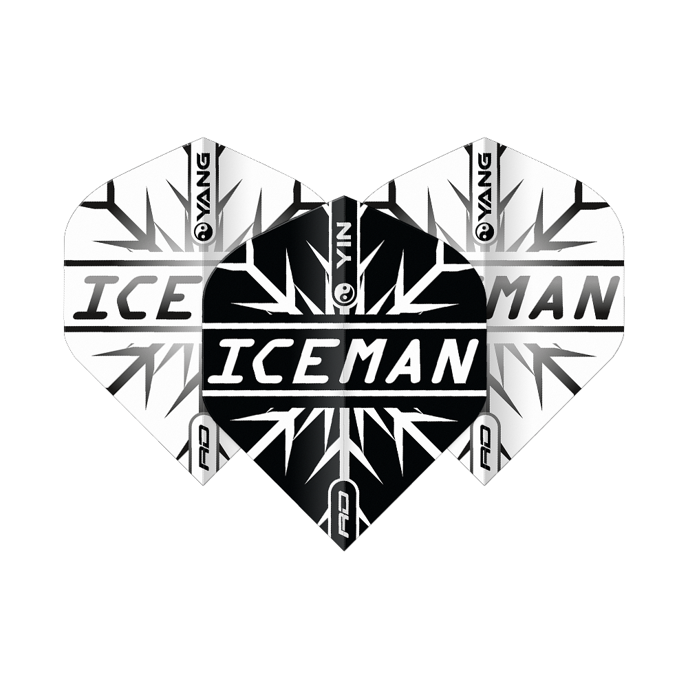 Das Bild zeigt Dart-Flights in einem Yin-Yang-Design in Schwarz und Weiß mit dem Schriftzug "ICEMAN" in der Mitte. Das Muster erinnert an Eiskristalle und trägt das Markenlogo "Red Dragon".