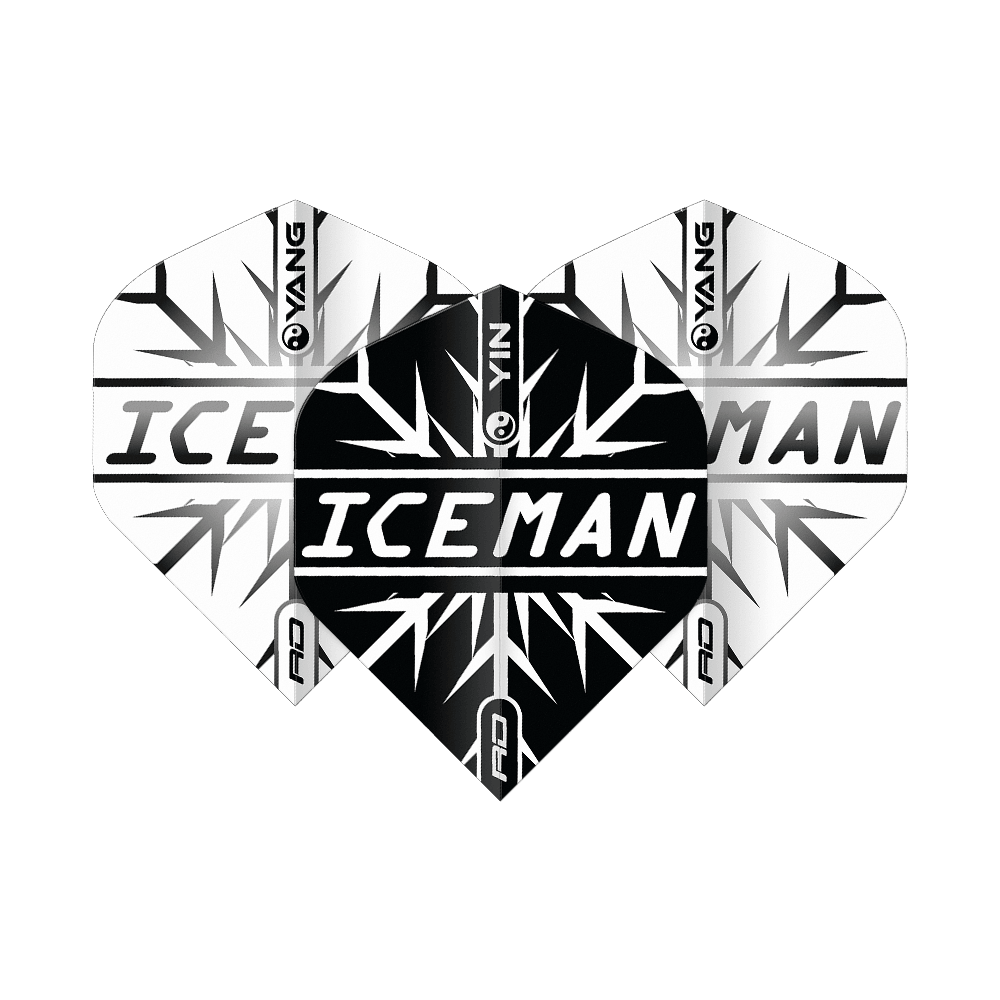 Red Dragon Gerwyn Price Iceman Černá Bílá Yin Yang Standardní lety Das Bild zeigt Dart-Flights in einem Yin-Yang-Design in Schwarz und Weiß mit dem Schriftzug "ICEMAN" in der Mitte. Das Muster erinnert an Eiskristalle und trägt das Markenlogo "Red Dragon".