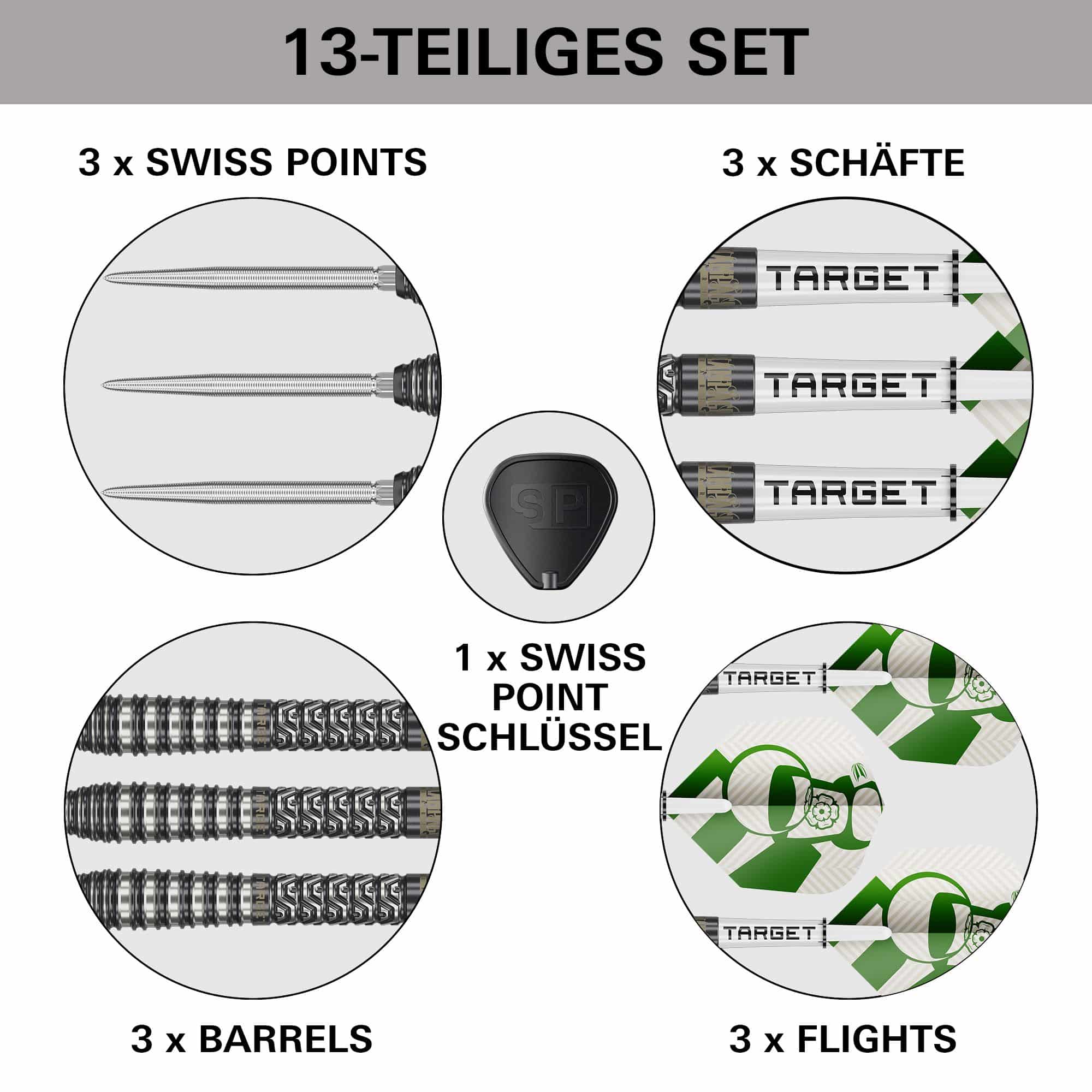 Ocelové šipky Target Charlie Manby Swiss Points Das Bild zeigt die Target Charlie Manby Swiss Points Steeldarts. Sie eignen sich für professionelle Dartspieler.