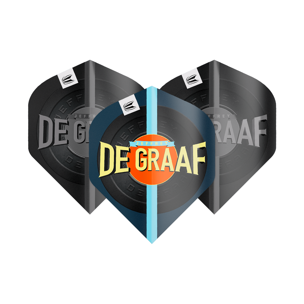 Target Pro Ultra Jeffrey De Graaf GEN1 No2 Standardní letky - 3 sady Das Bild zeigt drei Sätze Target Pro Ultra Jeffrey De Graaf GEN1 No2 Standard Flights. Auf den Flights steht groß „DE GRAAF“ und sie haben ein modernes Design in Schwarz und Blau.
