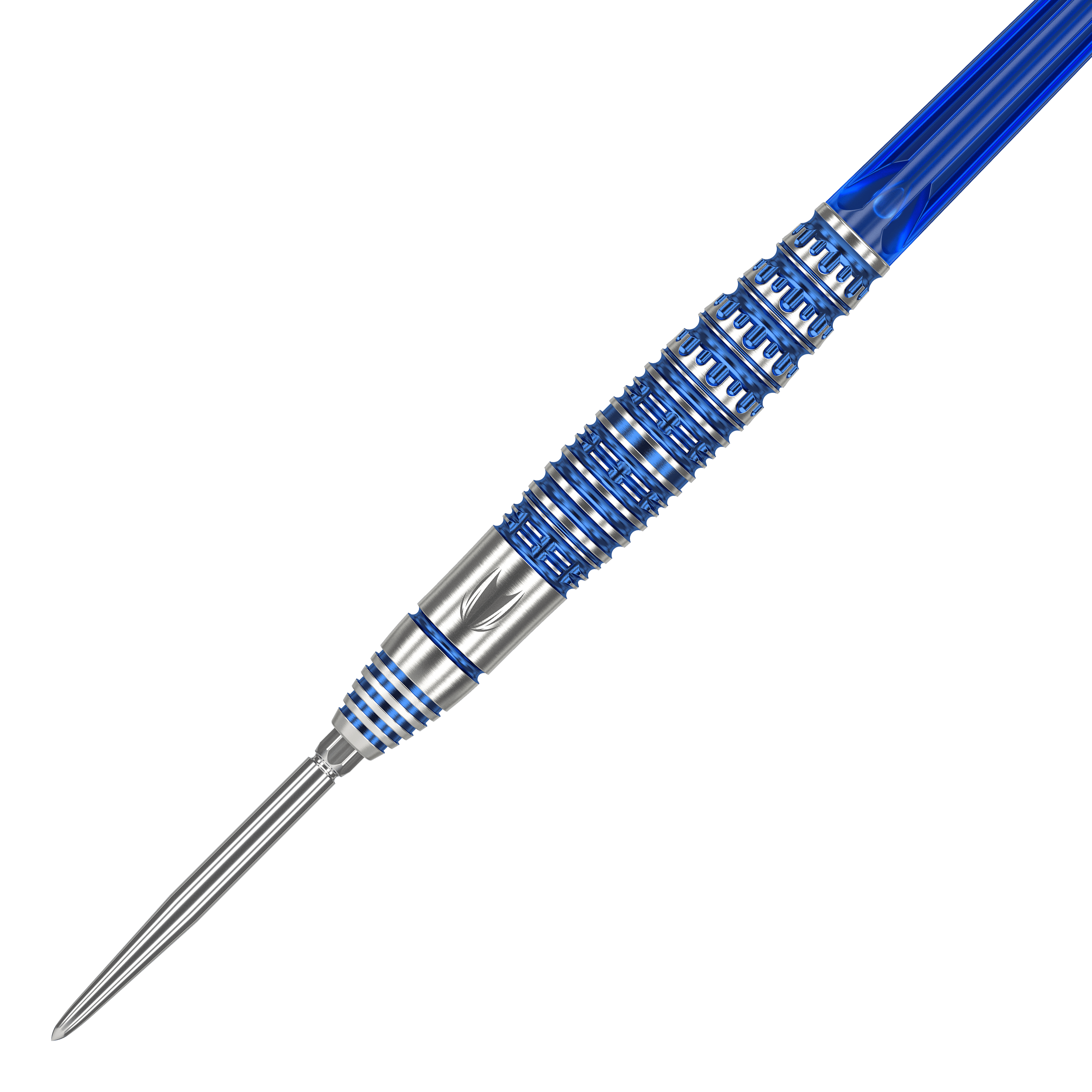 Ocelové šipky Target Japan Toru Suzuki Sereno GEN1 Swiss Point - 21g Das Bild zeigt einen Target Japan Toru Suzuki Sereno GEN1 Swiss Point Steeldart mit 21g Gewicht. Der Dartpfeil ist silberfarben mit blauen Akzenten und hat ein auffälliges Rillenmuster am Barrel.