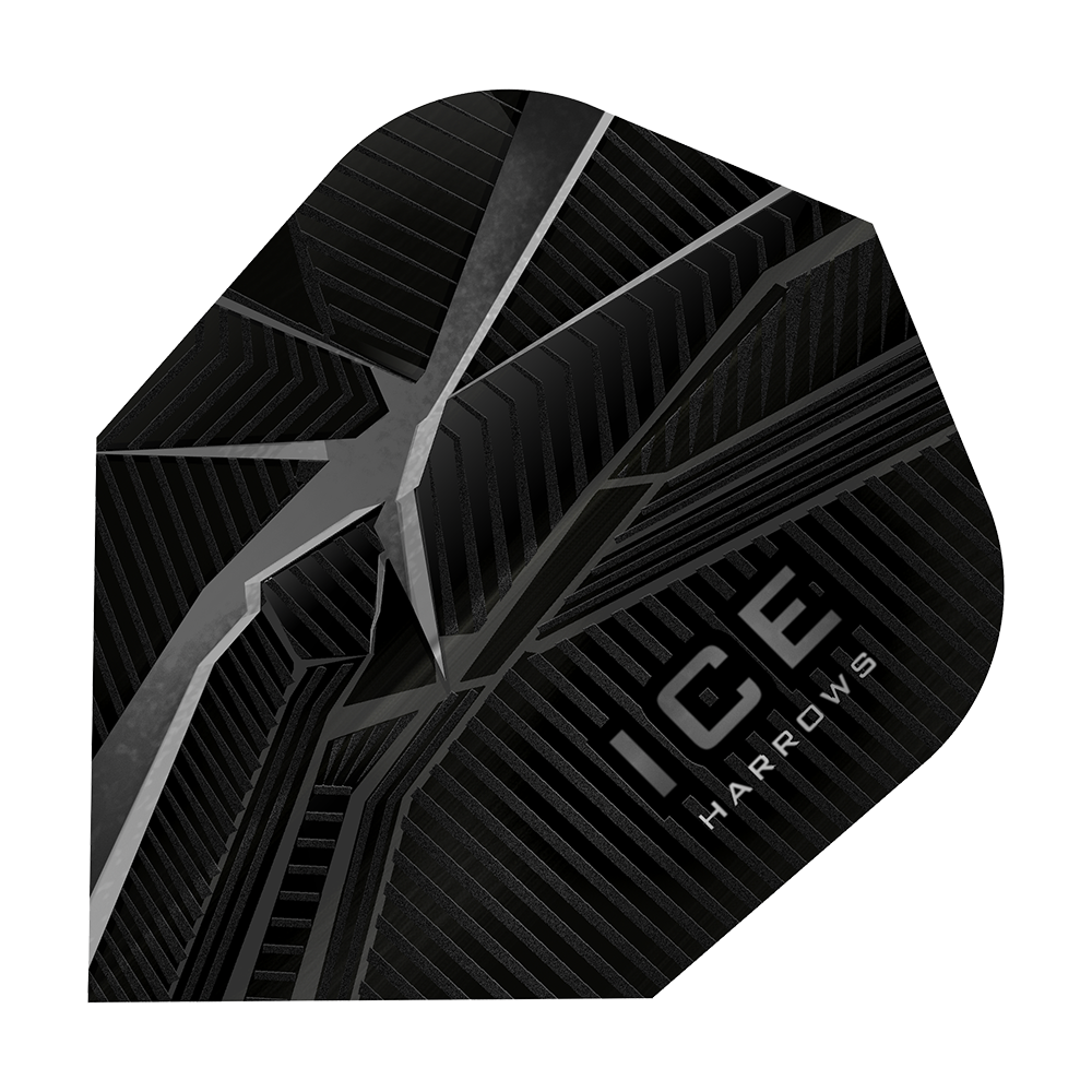 HR42_Harrows_Ice_Recut_Schwarz_Standard_Flights_1 Dies ist ein Harrows Ice Recut Standard Flight für Darts. Das Flight ist schwarz mit silbernen Linien und dem weißen Aufdruck "ICE Harrows".