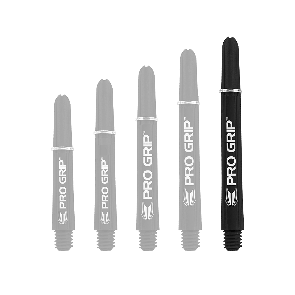 Das Bild zeigt fünf schwarze Target Pro Grip Shafts in unterschiedlichen Längen. Auf jedem Shaft steht in weißer Schrift "PRO GRIP".
