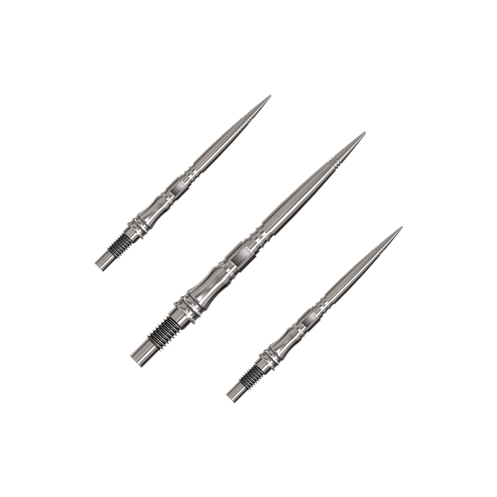 Apex Axis Silver Elite Serie Dartspitzen in 30mm werden gezeigt. Sie sind silber und schlank.