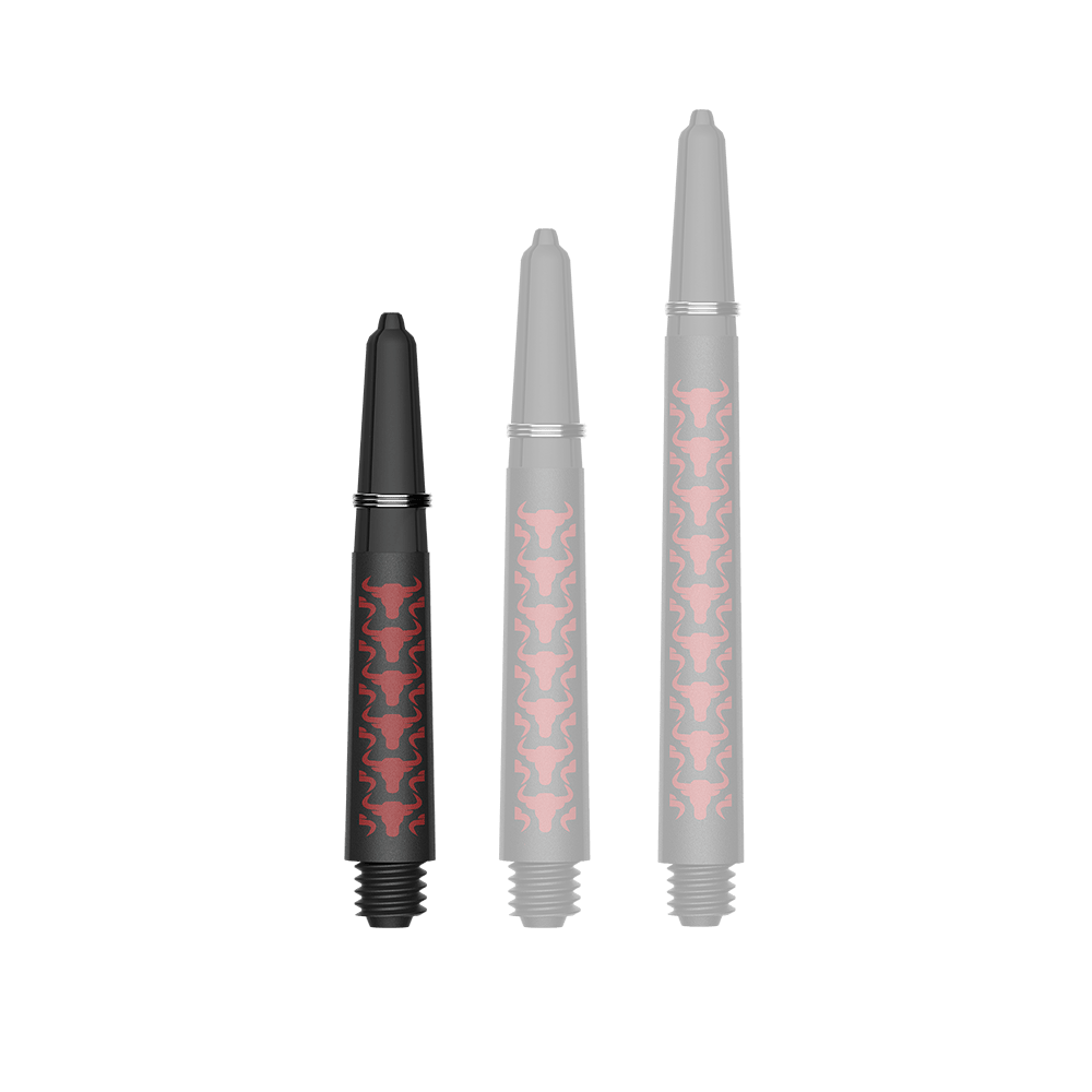 Zu sehen ist ein Dartzubehör, speziell eine Capo Carbon Shaft in Rot und kurzer Ausführung mit 34mm Länge. Das Produkt dient vermutlich als Teil eines Dartpfeils.
