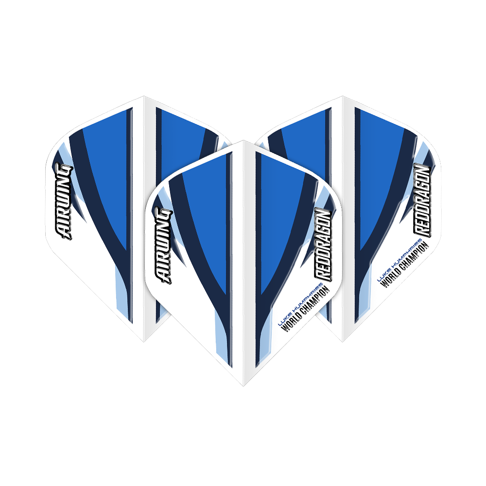 Das Bild zeigt drei Dartflights in Weiß und Blau mit dem Aufdruck "Red Dragon" und "Airwing". Auf den Flights steht außerdem "Luke Humphries World Champion".