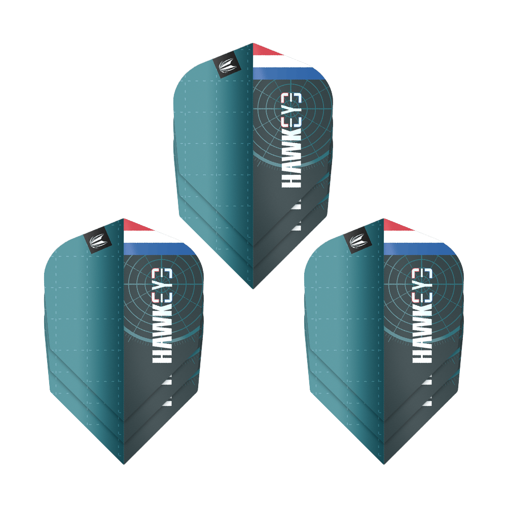 Letky Target Pro Ultra Kevin Doets GEN1 č. 6 - 3 sady Das Bild zeigt drei Sätze der Target Pro Ultra Kevin Doets GEN1 No6 Flights. Die Flights sind blau-grün und haben das Wort "Hawkeye" sowie ein Target-Design und eine kleine Flagge.