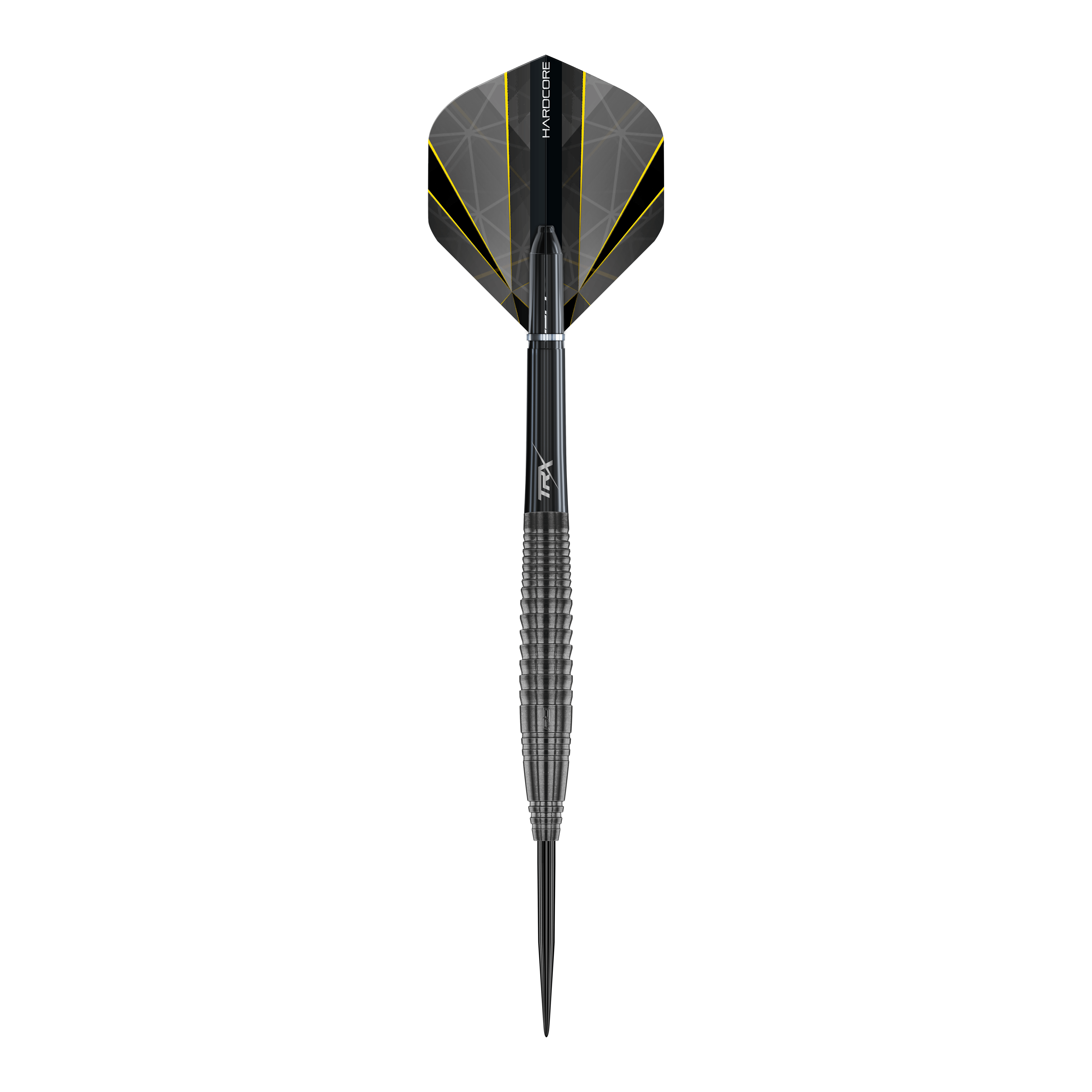 Ocelové šipky Red Dragon Seren 4 Onyx Dieses Bild zeigt den "Red Dragon Seren 4 Onyx Steeldart". Der Dartpfeil ist schwarz mit gelben Akzenten und hat ein modernes, geriffeltes Design.