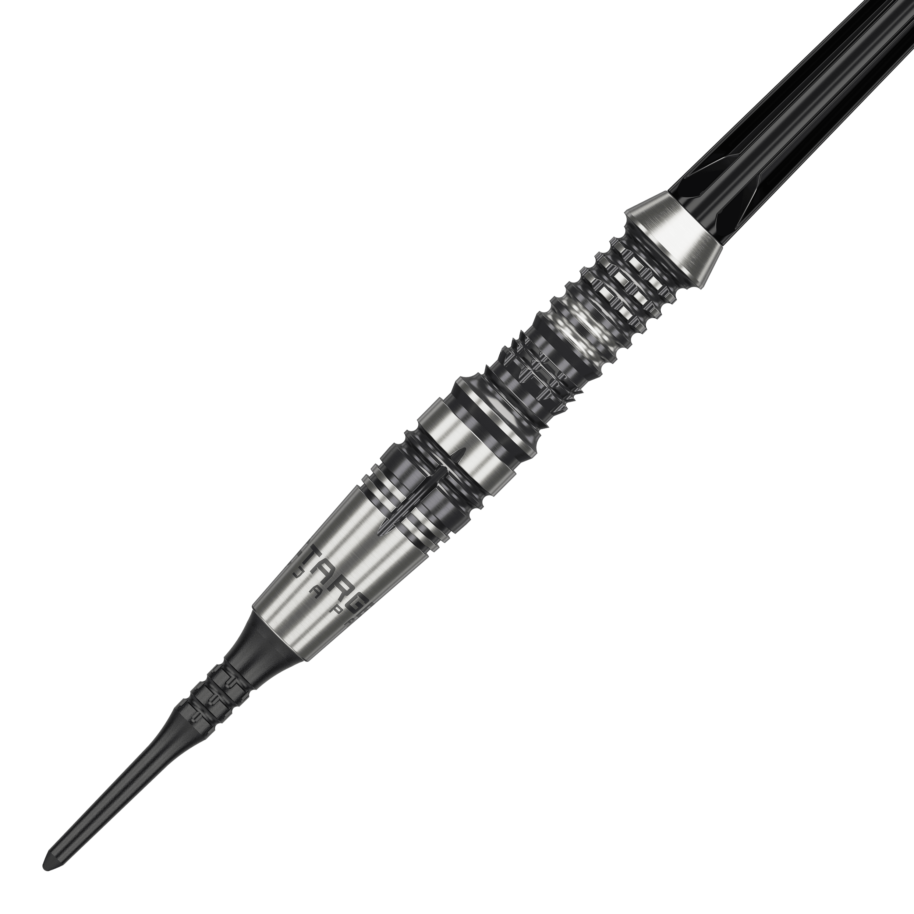 Měkké šipky Target Japan Black Marque Heracles - 18g Das Bild zeigt einen Target Japan Black Marque Heracles Softdart mit einem Gewicht von 18g. Der Dartpfeil hat ein silbernes, fein geriffeltes Barrel und eine schwarze Spitze.