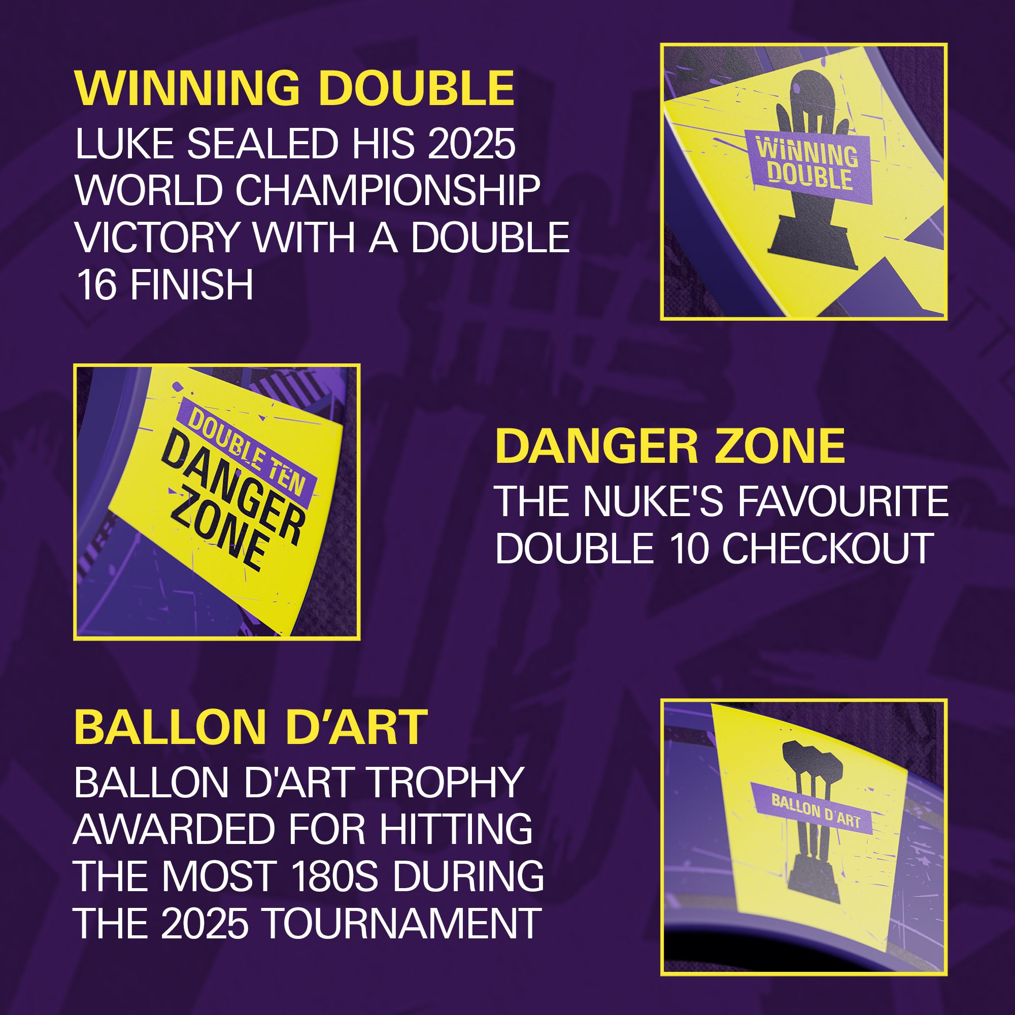 Das Bild zeigt Details des Produkts "Target Luke Littler World Champion 2025 Surround Tor Steeldartboard Bundle". Es hebt Lukes entscheidenden Double-16-Sieg, das "Danger Zone" Double-10-Feld und die Auszeichnung für die meisten 180er im Turnier hervor.