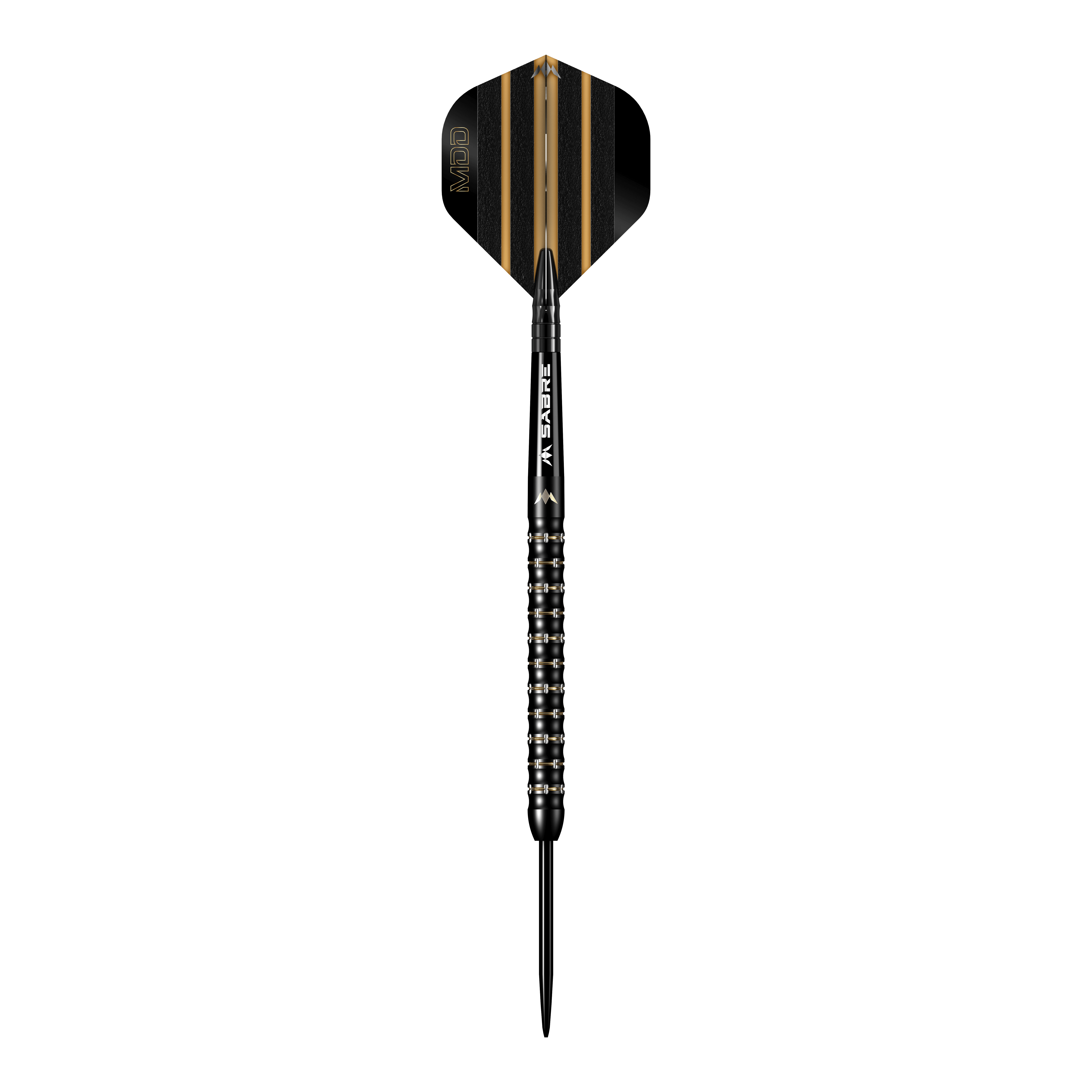 Šipky Mike De Decker MDD Black Gold Steeldarts Das Bild zeigt einen schwarzen Steeldart mit goldenen Akzenten aus der Serie "Mission Mike De Decker MDD Black Gold". Der Dart hat ein modernes Design mit fein geriffeltem Griff und einer schwarz-goldenen Flight.