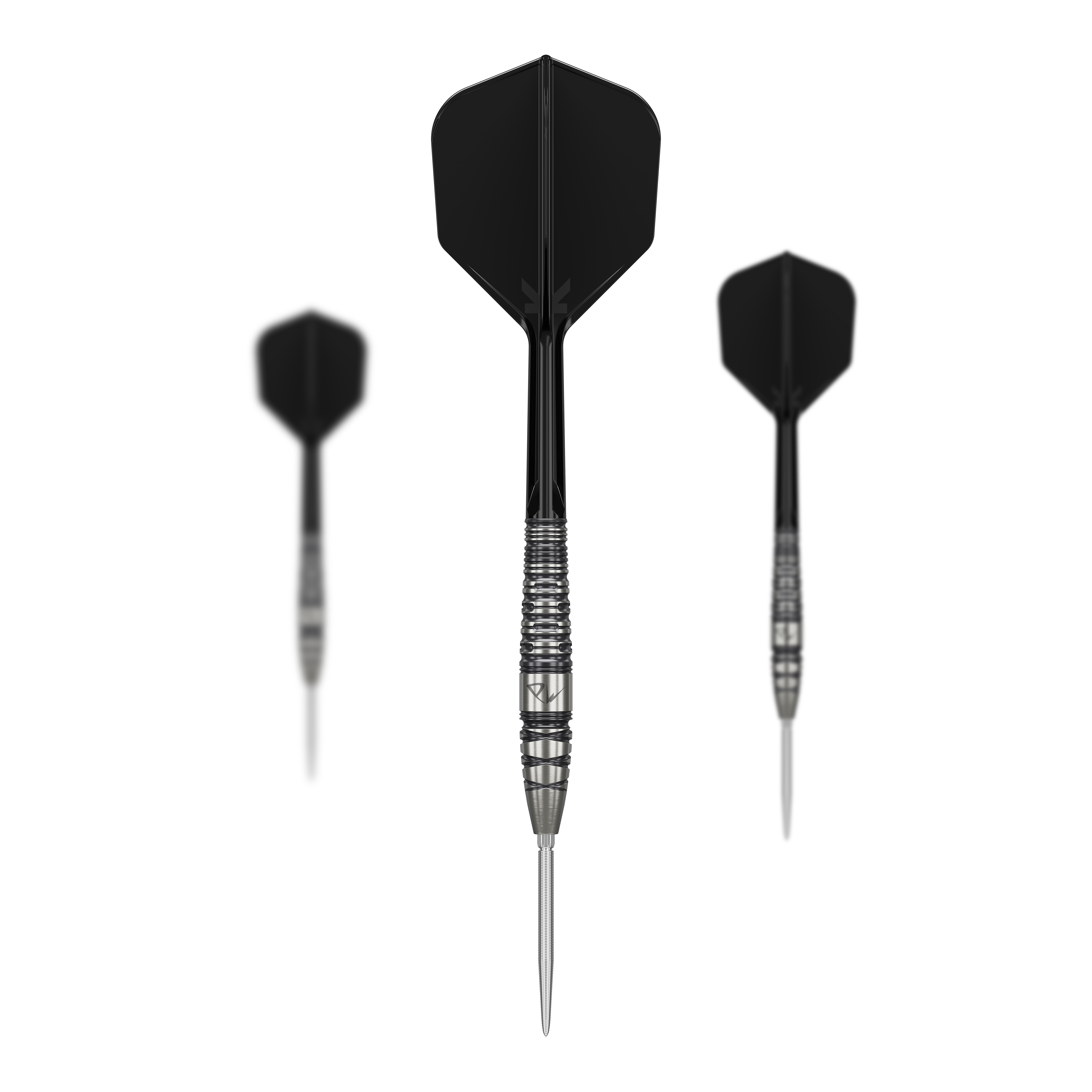 Das Bild zeigt drei schwarze Steeldarts aus der Serie "Target Japan Black Marque PW 2 SP". Die Darts haben silberne Spitzen und eine strukturierte Griffzone.