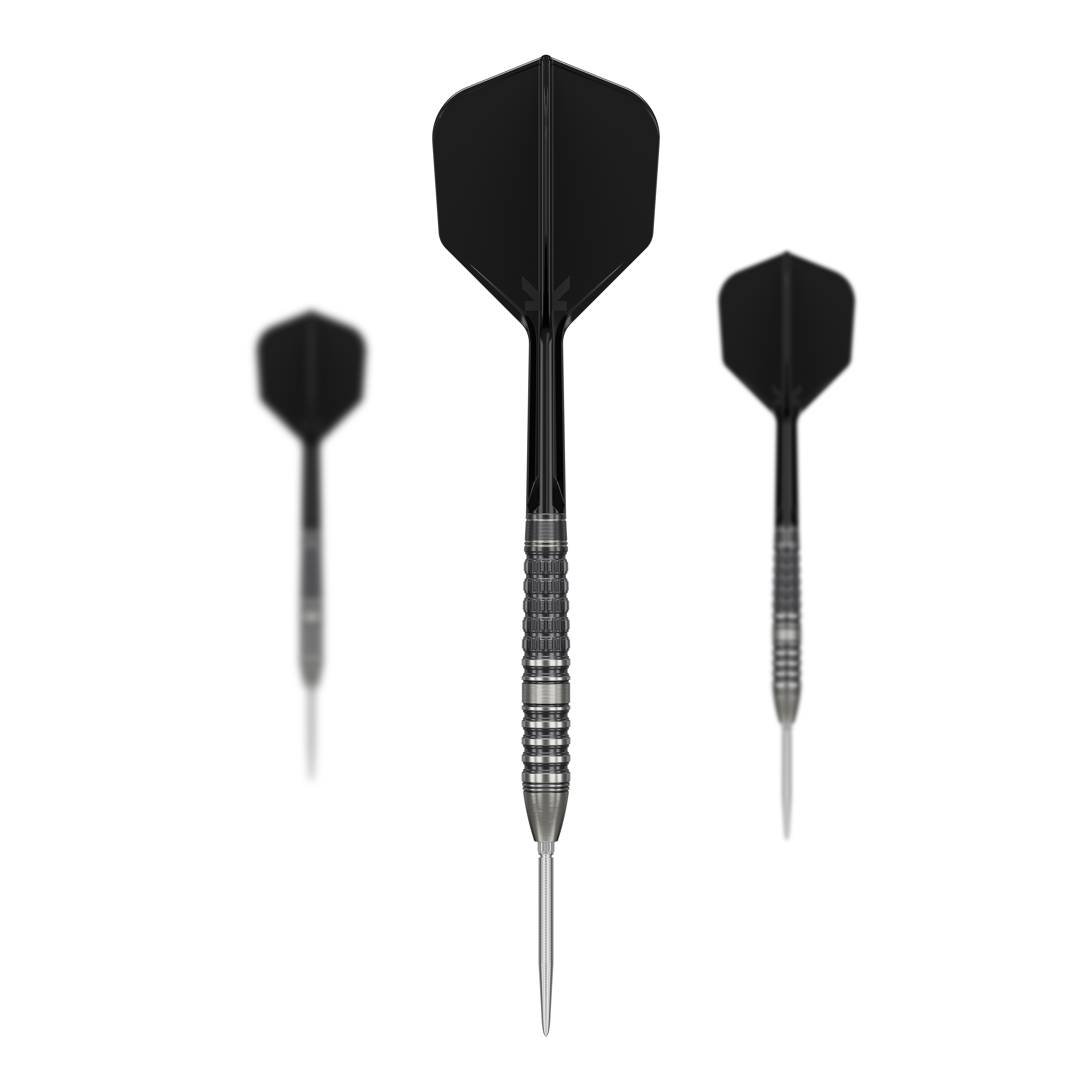 Ocelové šipky Target Japan Black Marque Lumiere GEN3 Das Bild zeigt drei Steeldarts mit schwarzen Flights und silbernen Spitzen. Es handelt sich um das Produkt "Target Japan Black Marque Lumiere GEN3 Steeldarts".