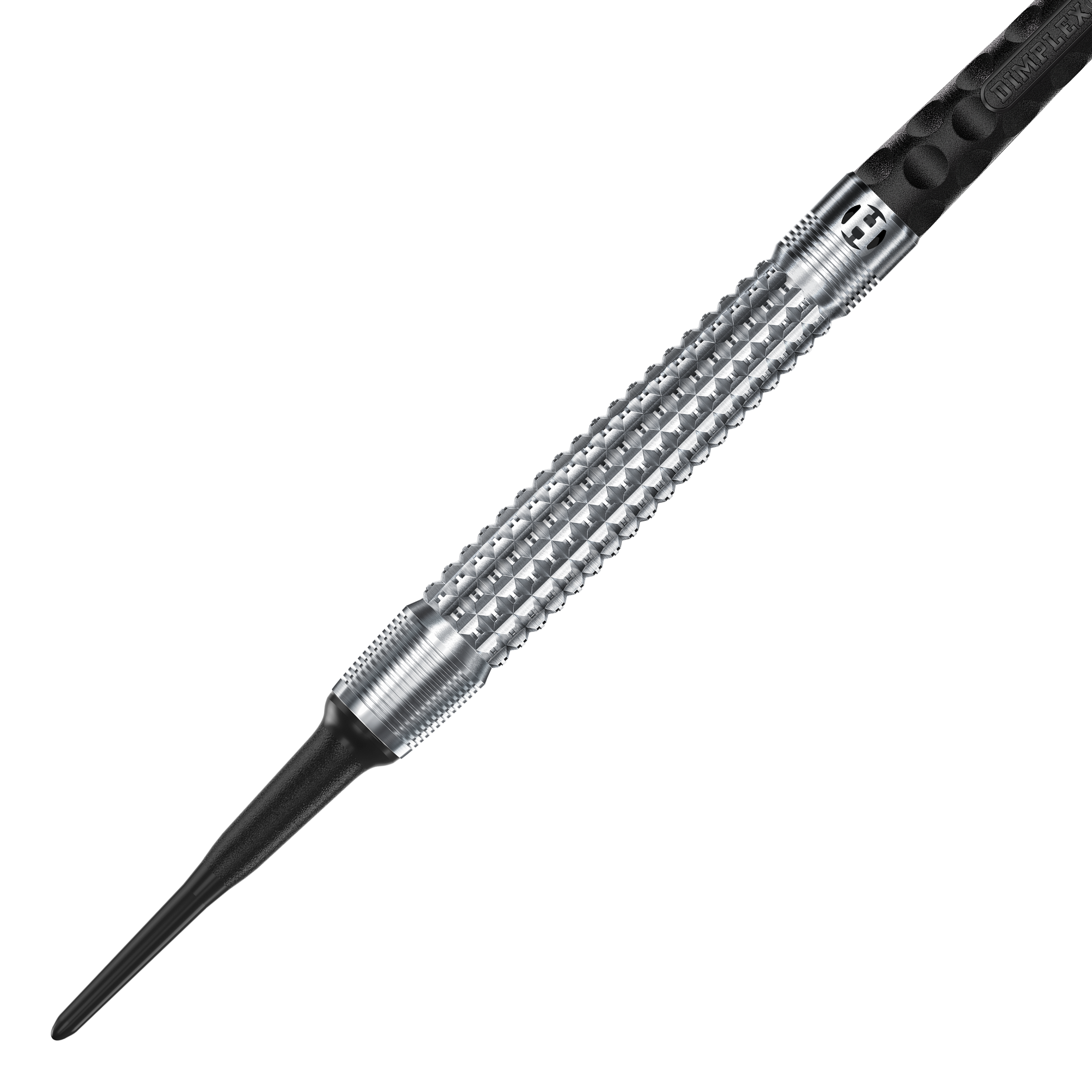 Šipky Harrows Dimplex S3 Tapered Soft Das Bild zeigt einen Harrows Dimplex S3 Tapered Softdart. Der Dartpfeil hat eine silberne, geriffelte Metallspitze und einen schwarzen Schaft.
