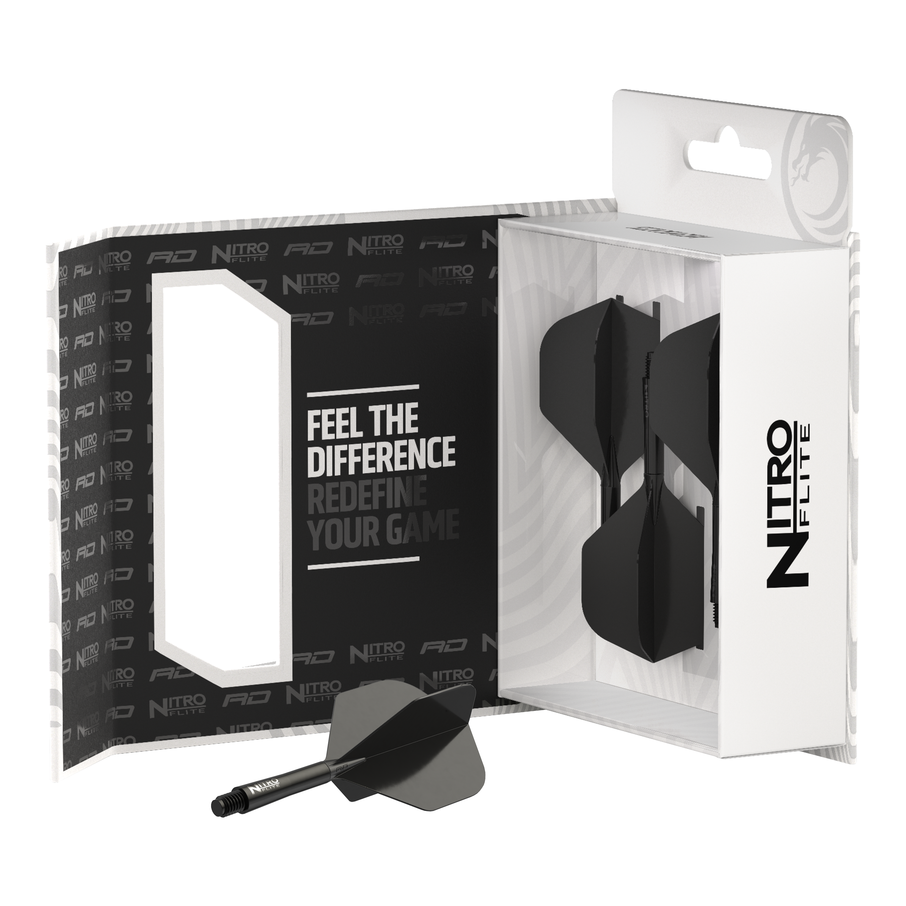 Red Dragon Nitroplte - Black Shaft Black No2 Flights Auf dem Bild ist das Produkt "Red Dragon Nitroflite - Black Shaft Black No2 Flights" zu sehen. Die schwarze Dartflüge und -schäfte sind in einer stilvollen Verpackung präsentiert.