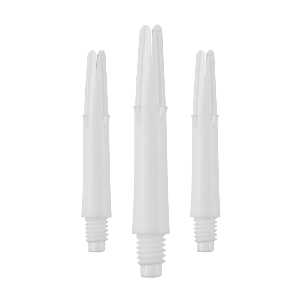 L-L-Style-Shafts Uzamčené rovné - Bílé Auf dem Bild sind drei weiße, gerade Dartschäfte ohne Kappen zu sehen. Sie sind nebeneinander in aufrechter Position angeordnet.