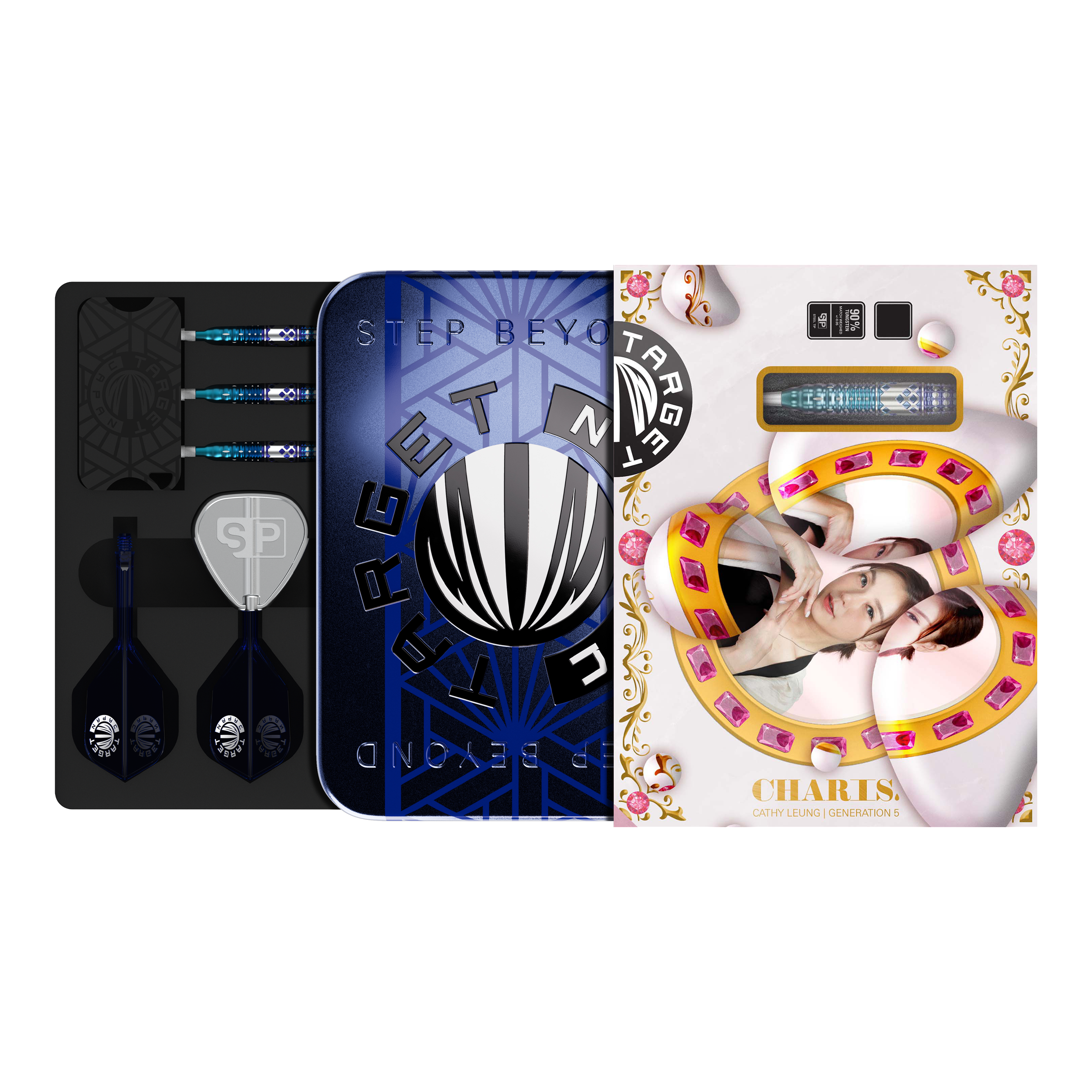 Das Bild zeigt das Produkt "Target Japan Cathy Leung Charis GEN5 SP Steeldarts - 22g" in seiner Verpackung. Die Verpackung enthält drei Steeldarts sowie Zubehör und ist mit einem Bild von Cathy Leung gestaltet.