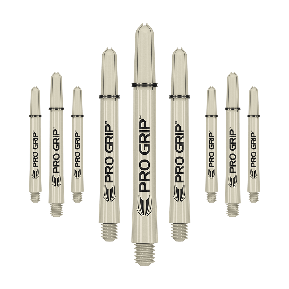 Das Bild zeigt neun beige Dartschäfte mit der Aufschrift "PRO GRIP". Sie sind in drei Reihen angeordnet und haben am Ende ein Schraubgewinde.