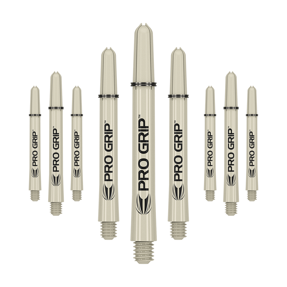 Target Pro Grip Shafts - 3 sady - Sand Das Bild zeigt neun beige Dartschäfte mit der Aufschrift "PRO GRIP". Sie sind in drei Reihen angeordnet und haben am Ende ein Schraubgewinde.