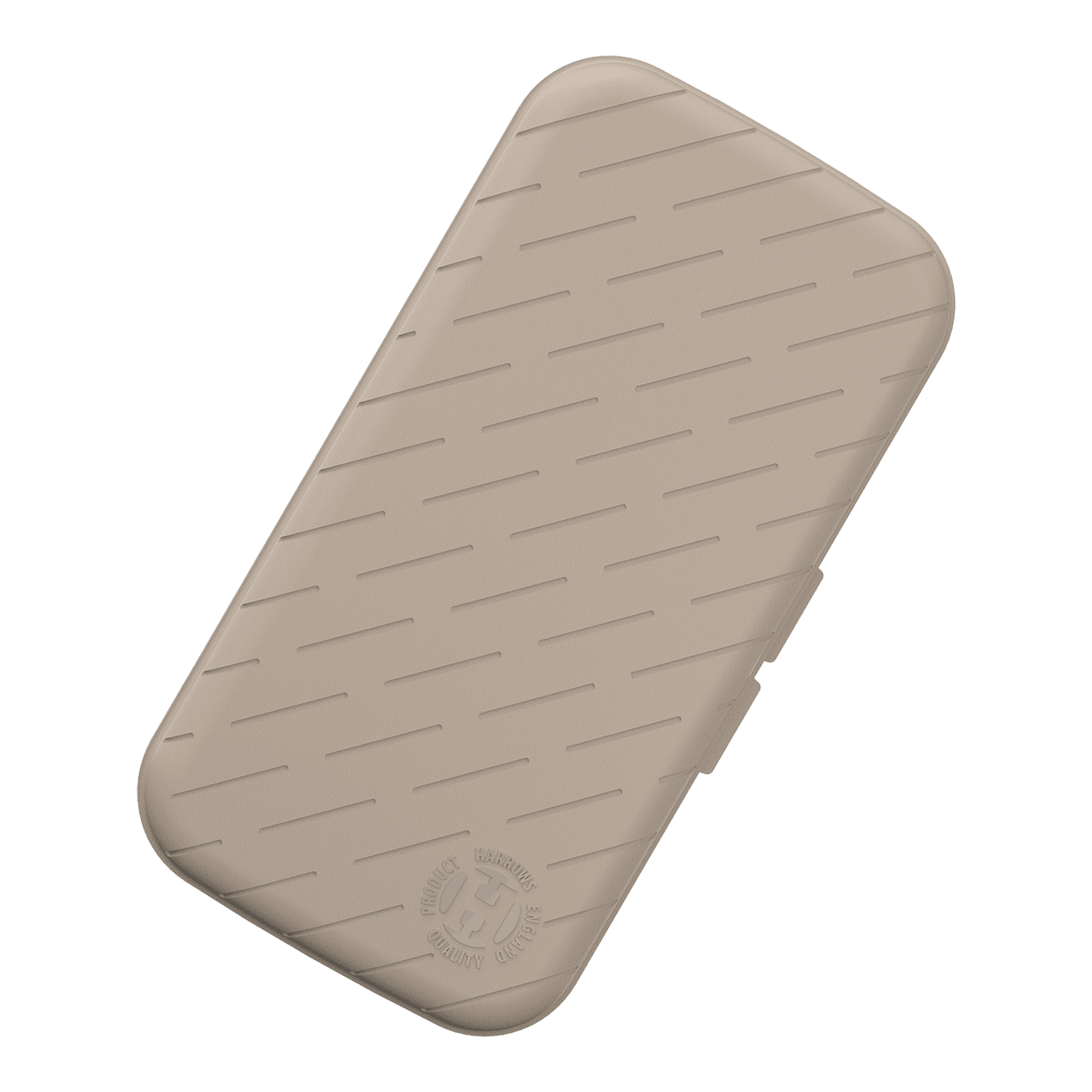 Pouzdro na šipky Harrows Slimcase Die Abbildung zeigt ein schlankes Dart-Etui in steingrauer Farbe. Die Oberfläche ist mit schrägen Linien und einem geprägten Logo verziert.