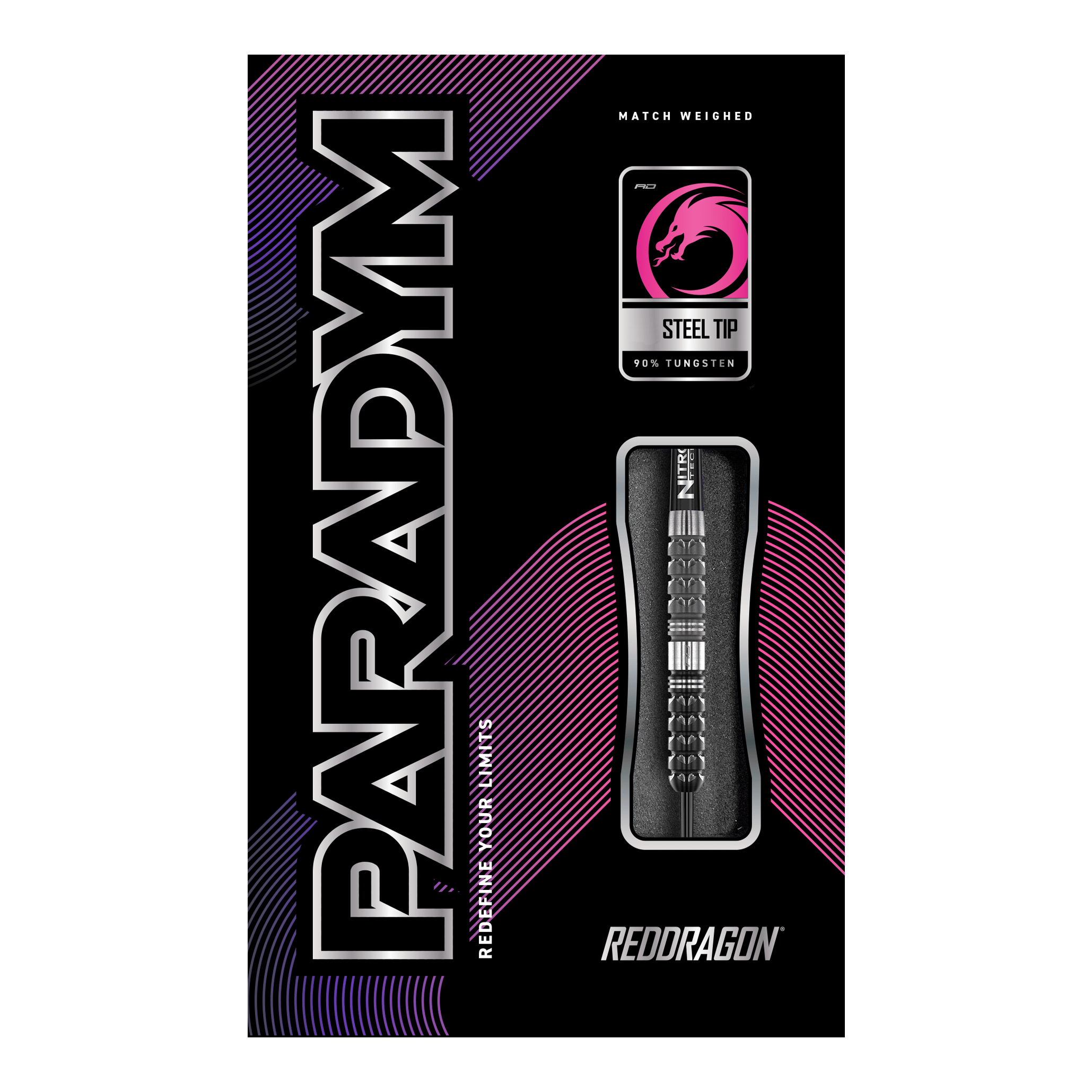 Šipky Red Dragon Paradym Tapered Steel Die Abbildung zeigt die Verpackung der "Red Dragon Paradym Tapered Steeldarts". Auf der Packung sind die Begriffe "Steel Tip", "90% Tungsten" und das Red Dragon Logo zu sehen.