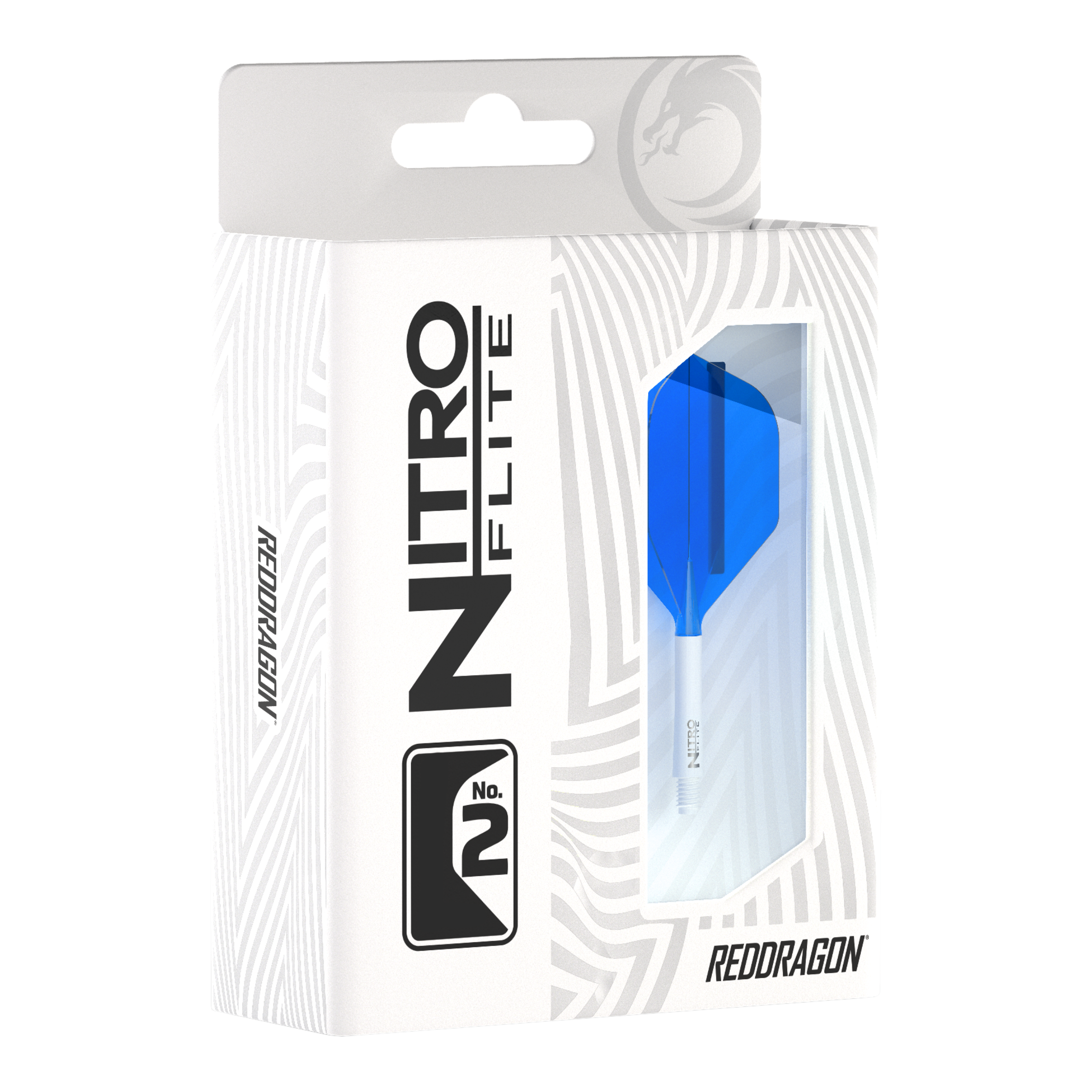 Red Dragon Nitroplite - White Shaft Blue No2 Flights Die Abbildung zeigt eine Packung Red Dragon Nitroflite mit einem weißen Schaft und blauen No2-Flights. Die Verpackung ist überwiegend weiß mit einem Sichtfenster, durch das der blaue Flight zu sehen ist.